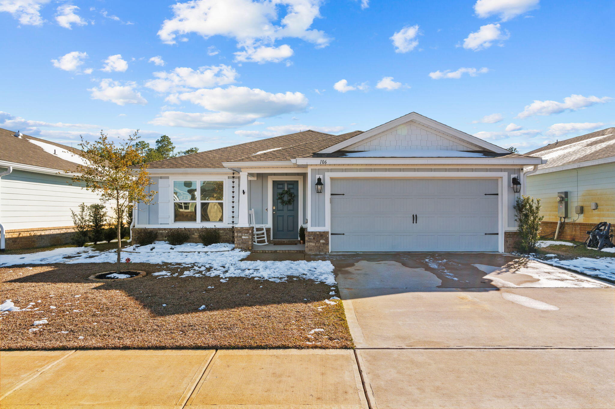 Discover the epitome of elegance at 106 Cool Breeze Loop, an exquisite residence in the Riverwalk subdivision of Freeport. This distinguished 3-bedroom, 2-bathroom home, constructed in 2022, offers a perfect blend of modern luxury and timeless charm. Boasting 1,768 square feet of impeccably curated living space on a .14-acre lot, this property offers an unparalleled lifestyle.Upon entering, you'll be greeted by a versatile flex room, perfect for a refined den or an office. The open concept living area exudes grandeur, where the gourmet kitchen, dining, and living spaces flow effortlessly together, ideal for both intimate gatherings and lavish entertaining. The chef's kitchen is adorned with premium finishes, abundant cabinetry, and an expansive island that inspires culinary artistry.

The serene owner's suite is a private retreat, featuring an ensuite bathroom with double vanity sinks and a walk-in closet. Guest rooms and an additional bath are thoughtfully positioned to ensure privacy and comfort. A dedicated laundry room provides convenience and direct access to the spacious 2-car garage.

The outdoor oasis includes a covered patio for alfresco dining and leisure. Residents of this stunning community enjoy an array of amenities, including a community pool, dock, exercise room, and a community room for social gatherings.

Ideally situated just 15 minutes from the pristine 30A beaches, this home offers the perfect balance of coastal charm and suburban serenity. Furthermore, the nearest shopping center is a mere 5-minute drive away, providing convenience for all your daily needs.

Immerse yourself in the refined lifestyle that 106 Cool Breeze Loop affords - a residence where every detail is meticulously crafted for a sophisticated living experience. Welcome to your dream home.