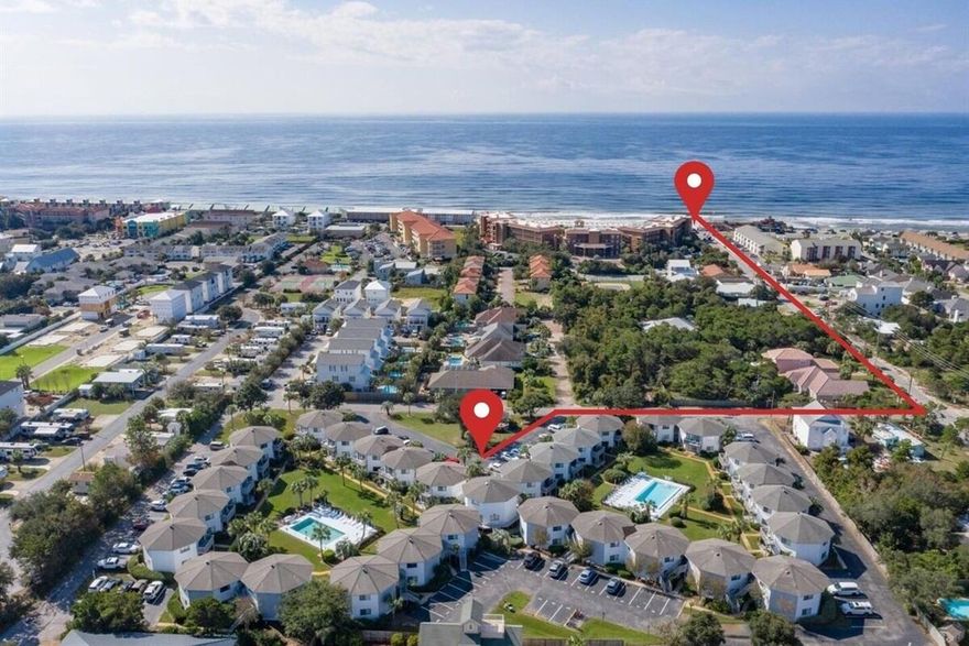 This top floor unit is only a 5 minute walk to   the public beach access and Pompano Joe's restaurant and bar. This unit has been a short term rental powerhouse with over $50k gross in 2022 (self managed). Recent updates include HVAC ('20), dishwasher ('21), full size washer/dryer ('21), water heater ('23), and new blinds installed in '22.  This unit comes fully furnished all the way down to TV's, kitchenware, and small appliances. The memory foam mattresses, sleeper sofa, and the majority of the furniture  were replaced in '22. Crystal Village offers 2 pools (one heated seasonally), and community storage.  The unit has a dedicated parking spot directly in front, and a balcony that overlooks the pool and lush landscaping.