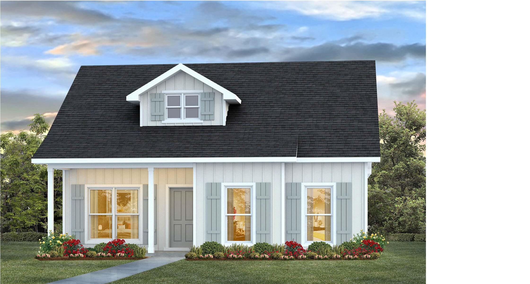 The Owl's Head community is conveniently located off of Highway 331 in Freeport. We are only 8 miles to Interstate 10, and 16 miles to beautiful beaches and Highway 30 A. We offer 6 floor plans, 3 and 4 bedrooms. All homes have rear entry garages. This community offers a community area with paved walking trails and a spring fed lake. | The Aspen plan is a single story 3 Bedroom, 2 Bath home. This floor plan features a covered front and back porch. There is a separate dining room to enjoy family dinners, or it could be used as a flex space. There is a large shower in the primary bedroom, with 2 separates sinks.