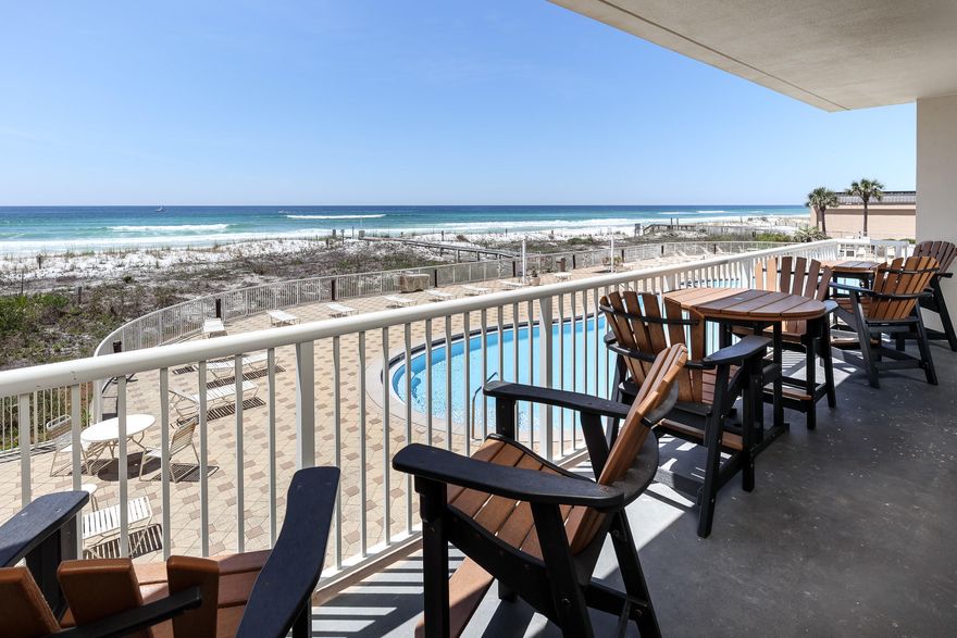 Summer Place is premier Gulf front building and rarely has units come available. This development has 230 feet of beachfront sand with a wide expanse. Proven income producer as the owner has been self-managing since 2014 and has a transferable list of repeat clients. The property has flawless VRBO reviews and consistent income year after year. This stunning second floor unit has endless views of the Gulf of Mexico. The spacious living area and well appointed master bedroom both have phenomenal views of the emerald waters of the Gulf of Mexico.  Sleeping eight, the first suite offers a king size bed with ensuite bath, two full sized beds in the second bedroom, an additional  bedroom features a queen bed, and there is a sleeper sofa bed.