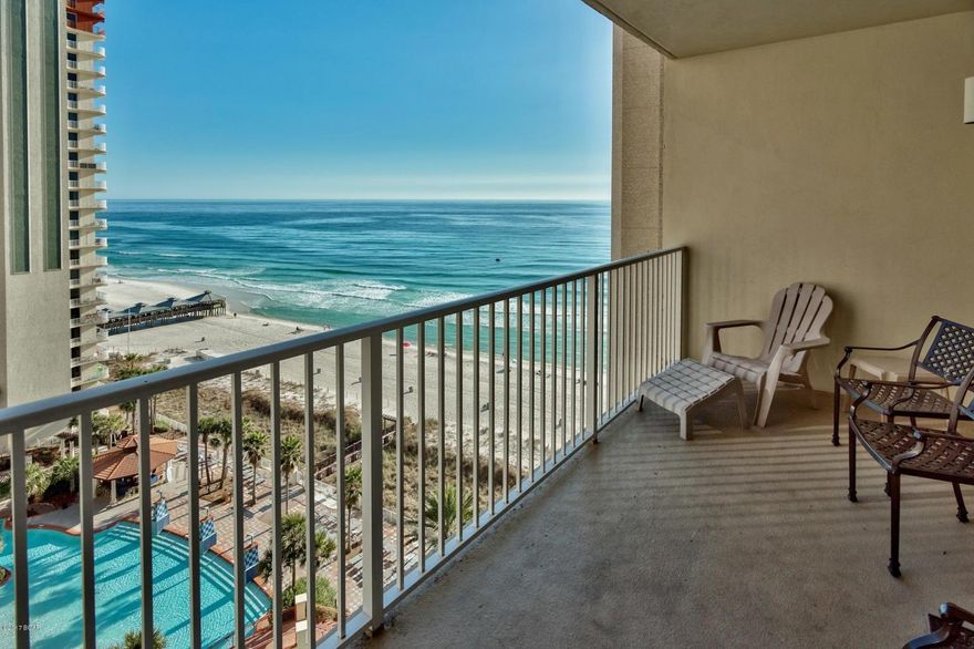 A Unique Beach Getaway at the Popular Shores of Panama Beach Resort. This Gulf Front Condo has 2 Bedrooms, a Private Bunk Room and 3 Full Baths. Upgrades Including A One of a Kind Owners Closet, Beautiful Wood Flooring, 9FT Ceilings, Kitchen with Granite Countertops & Breakfast Bar. Sunshine & Warm Gulf Breezes Greet You on The Large Balcony with Amazing Gulf Views. This Residence is Being Sold Fully Furnished & Rental Ready... Deeded Private Parking Space on the 5th Floor Will Also Convey.