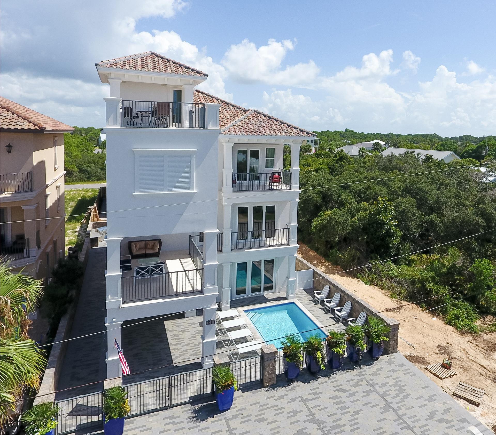 Welcome to Bella Vista located in beautiful Frangista Beach, just 1 block from deeded beach accesses and no HOA. This stunning 7bd/8bth home comes complete with a gourmet Kitchen featuring top of the line appliances, two bunk rooms with custom built-in bunks, a media room with a wet bar, and first floor entertainment/game area. This 4,850 s.f. home will provide a comfortable stay for 24 people. Additionally, Bella Vista sports a unique outdoor space including a Spool(spa/pool) by Watermark Pools, an outdoor kitchen, outdoor gas fireplace, and nearly 1,000 s.f. of decks including the 4th floor rooftop cocktail deck from which you can enjoy the beautiful sunsets and Gulf views that can only be found on the Emerald Coast.