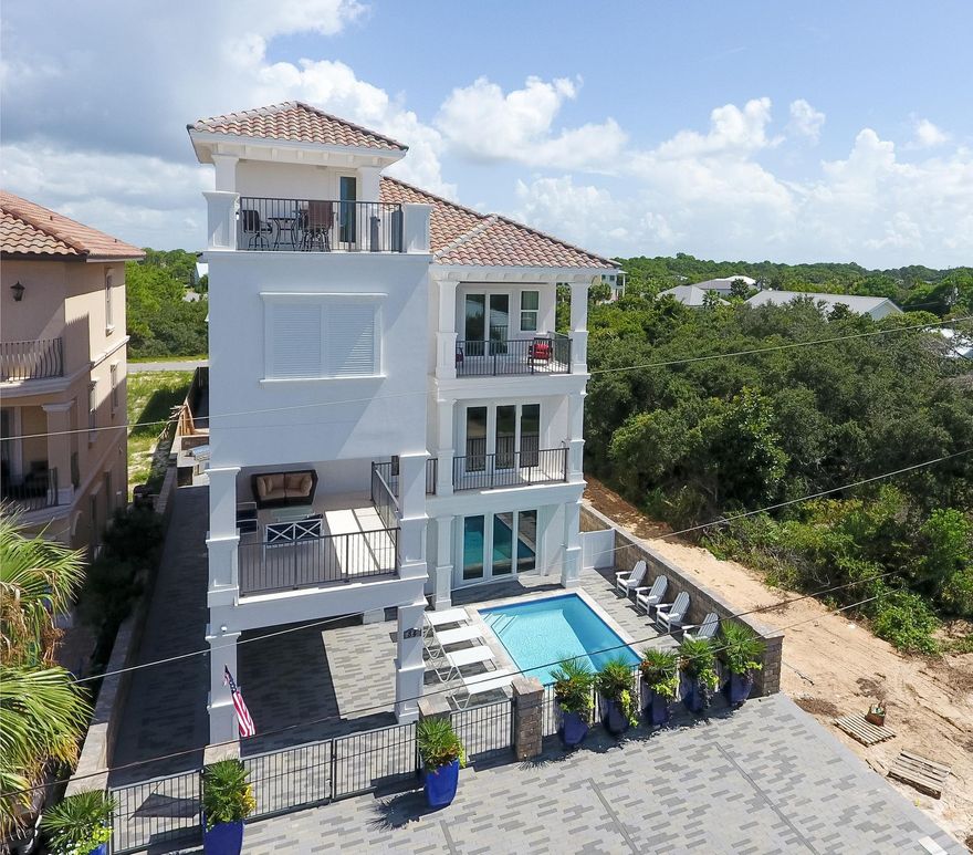 Welcome to Bella Vista located in beautiful Frangista Beach, just 1 block from deeded beach accesses and no HOA. This stunning 7bd/8bth home comes complete with a gourmet Kitchen featuring top of the line appliances, two bunk rooms with custom built-in bunks, a media room with a wet bar, and first floor entertainment/game area. This 4,850 s.f. home will provide a comfortable stay for 24 people. Additionally, Bella Vista sports a unique outdoor space including a Spool(spa/pool) by Watermark Pools, an outdoor kitchen, outdoor gas fireplace, and nearly 1,000 s.f. of decks including the 4th floor rooftop cocktail deck from which you can enjoy the beautiful sunsets and Gulf views that can only be found on the Emerald Coast.