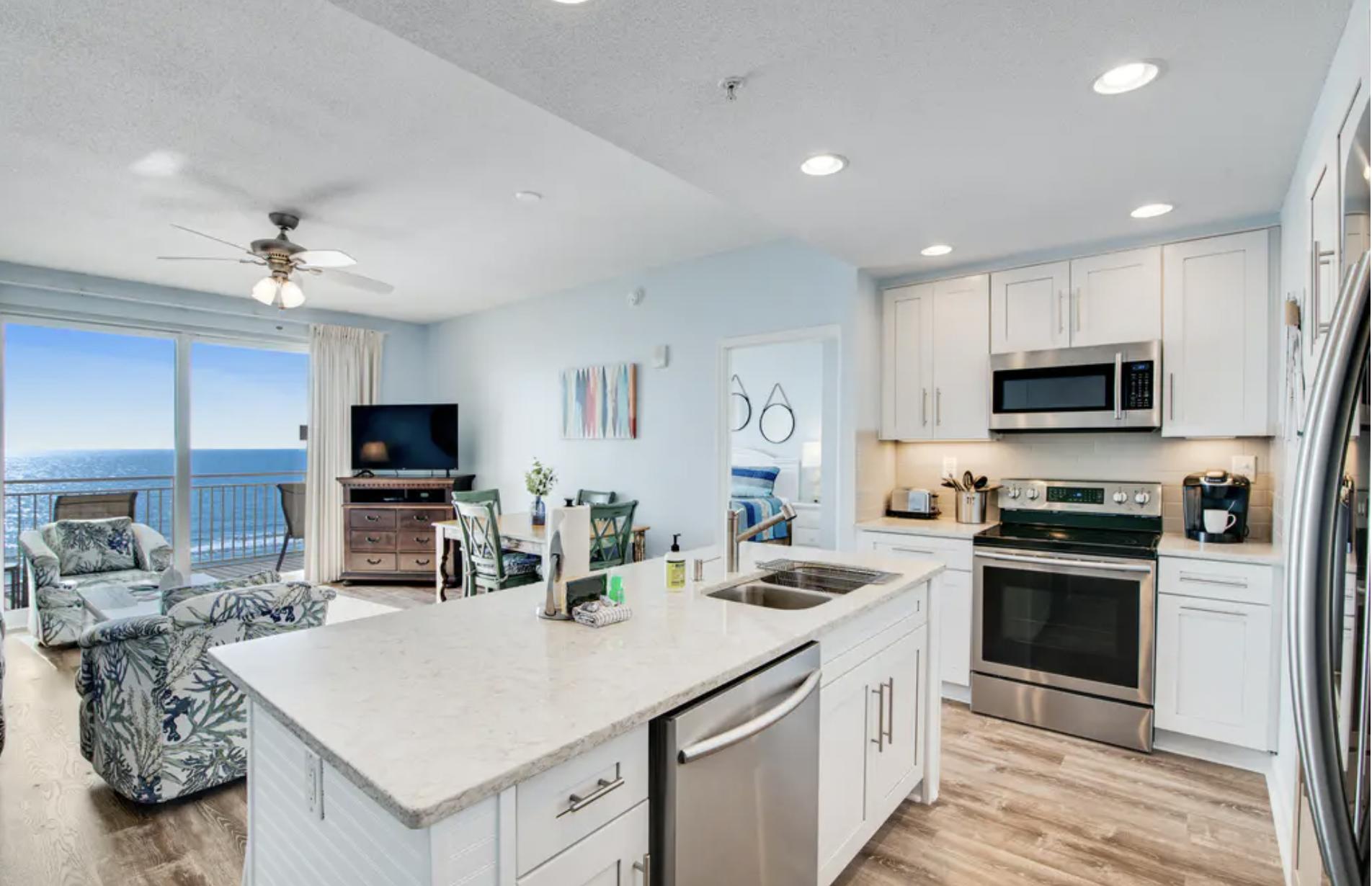 A beautifully renovated Gulf front condo is a rare find in this market so look no further! This 2 bedroom has it all. You'll fall in love instantly with the high end finishes, shaker style wood cabinets, Samsung appliances, new paint, and new luxury vinyl flooring. Enjoy Gulf views and a the sound of the surf from the master bedroom. Kids will favorite the custom built-in bunk beds and families will appreciate the split style floorplan that sleeps up to 8 guests. This unit also has a wide balcony offering plenty of space and lots of seating with the new polywood balcony furniture. Sterling Reef condo is located ideally on Panama City Beach with amazing beach frontage, Gulf side pool, and great dining options, fishing pier, Goofy Golf, shopping and more all nearby!
