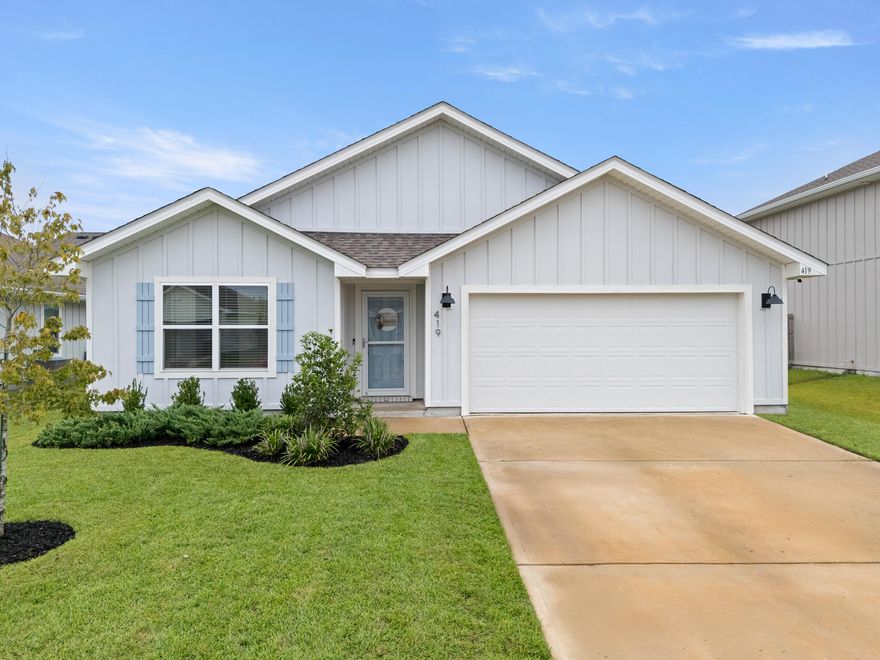There's a certain feeling you get when you walk into a home that's been genuinely cared for, and this one has it from the moment you arrive. The yard is manicured, the landscaping lush, and a glass storm door at the entry lets you open up and let the light pour in.Inside, the popular Cali floor plan offers a smart layout with four bedrooms and two bathrooms across 1,787 square feet, all wrapped in clean HardieBoard siding. Engineered vinyl plank flooring runs through every walkable space, with plush carpet reserved for the bedrooms.At the front of the home, three spacious bedrooms are arranged for privacy and flexibility. Two are separated by a full bath, and the third sits just off the laundry room and garage, ideal for guests, an office, or a quiet retreat. Ceiling fans have been added to each room, and every space is large enough for a queen bed and filled with natural light.

The heart of the home opens wide with a generous living area that flows into the dining space and kitchen. The kitchen is both functional and inviting, with white shaker-style cabinets, updated hardware, a farmhouse-style stainless steel sink on the center island, and a stone backsplash that adds just the right touch of texture.

Tucked off the living room, the primary suite is filled with light and space, easily fitting a king bed and more. The ensuite features dual walk-in closets, a double vanity, and a walk-in shower.

Out back, a covered patio overlooks a green lawn surrounded by a privacy fence, perfect for weekend mornings, pets, or backyard BBQs. And just a short walk from the front door is the community pool, ready for sunny afternoons and neighborhood hangs.

Located in Shoal River Landing, this home offers quick access to major highways, making Eglin AFB an easy commute and the Gulf Coast's beaches close enough for spontaneous getaways.

Instead of waiting for new construction, step into something already established, thoughtfully updated, and move-in ready.