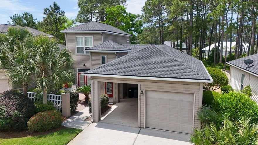 A Great Location!!  This furnished home is in a quiet, gated and well sought out neighborhood backed up to a preserve. A short walk to the beach and 1 block from the Santa Rosa Golf Course. Plantation shutters throughout entire home. There is a swimming pool and cabana within the community. The houses are attached two by two with a carport and garage attached to each unit. Parking for two cars and golf cart. Golf cart conveys with property. There is a front and back courtyard for relaxing and privacy. This community does not have short term rentals.