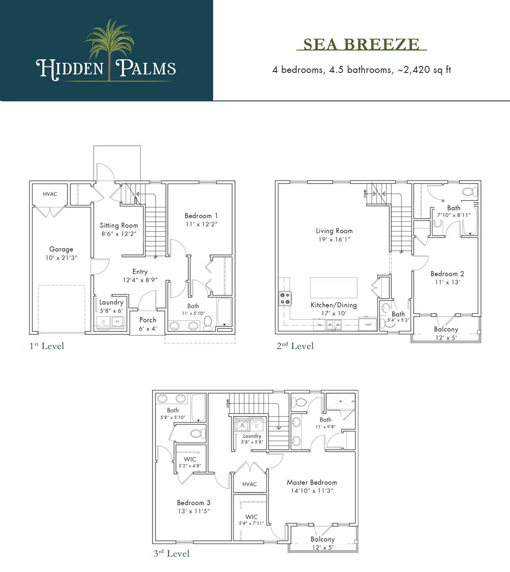 Introducing Sea Breeze, a brand-new construction 4 bedroom, 4.5 bathroom, 2,420 square foot residence at Hidden Palms, Miramar Beach's newest luxury community. This three-story white stucco home is located just off Scenic Gulf Drive and within a 5 minute walk to the beach. Luxurious features abound in this home. Standard features include an open concept living area, hardwood or wood plank tile flooring, crown molding, 8' interior doors, granite countertops, custom cabinets, large tile showers, a brick paver driveway, two covered balconies and a back patio. This beautiful new home is great for full-time living, as a private vacation home or as an income producing rental. Hidden Palms is a low-density 30 residence community with sidewalks, community pool and beautiful coastal landscaping.