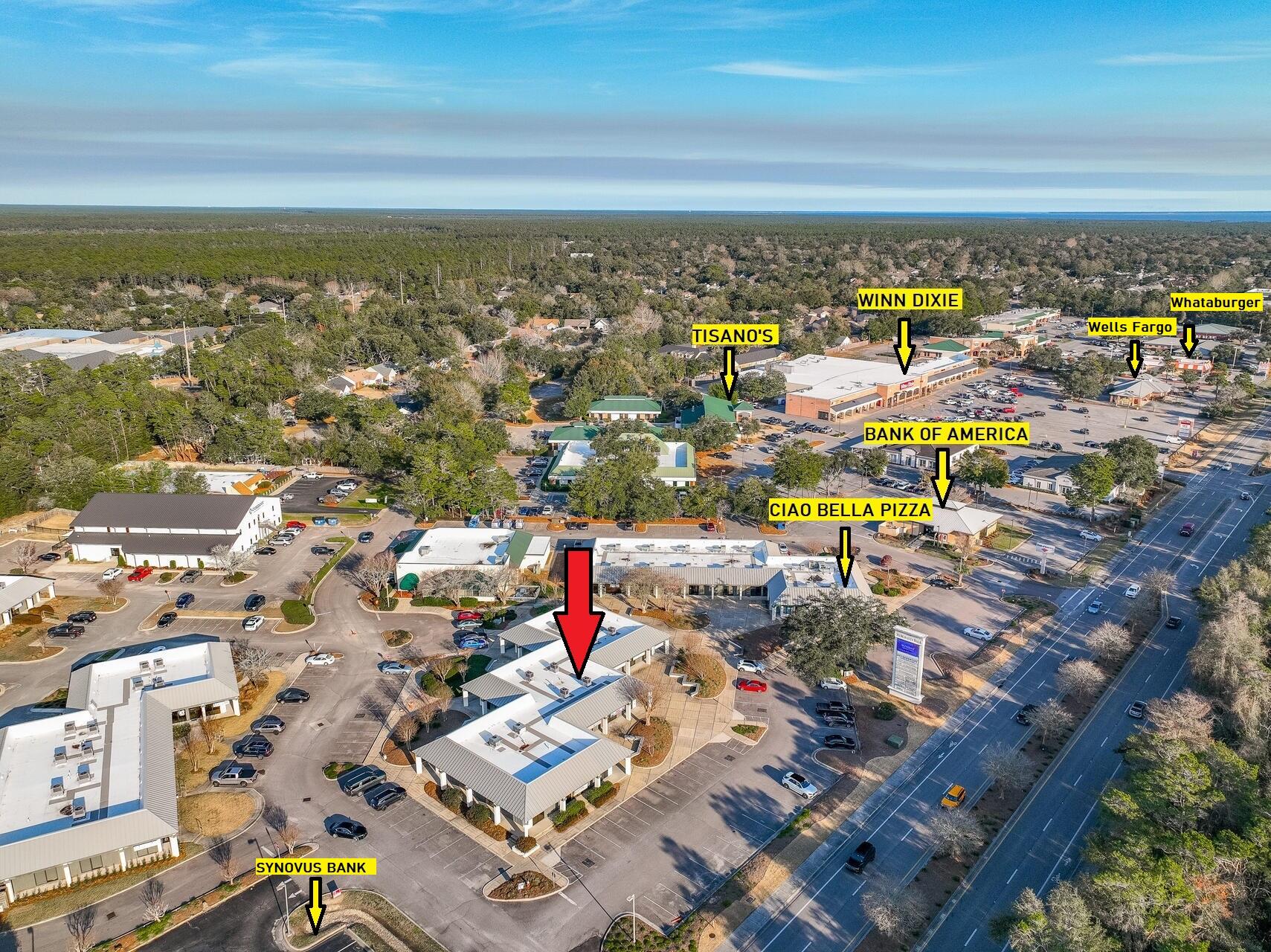 HIGH VISIBILITY & EASY ACCESSIBILITY. Prime CLASS A office space in popular Merchant's Walk business complex in the heart of Bluewater Bay. Located in one of the busiest & most popular complexes in BWB with 50 direct frontage feet on Hwy 20, this 3000 SF commercial space provides maximum drive-by traffic & visibility. Offering 5 strategically placed entrances: 2 in the front, 1 on each side and one on the back, this commercial space offers opportunity for one large business or the subdivision & accommodation of several businesses.