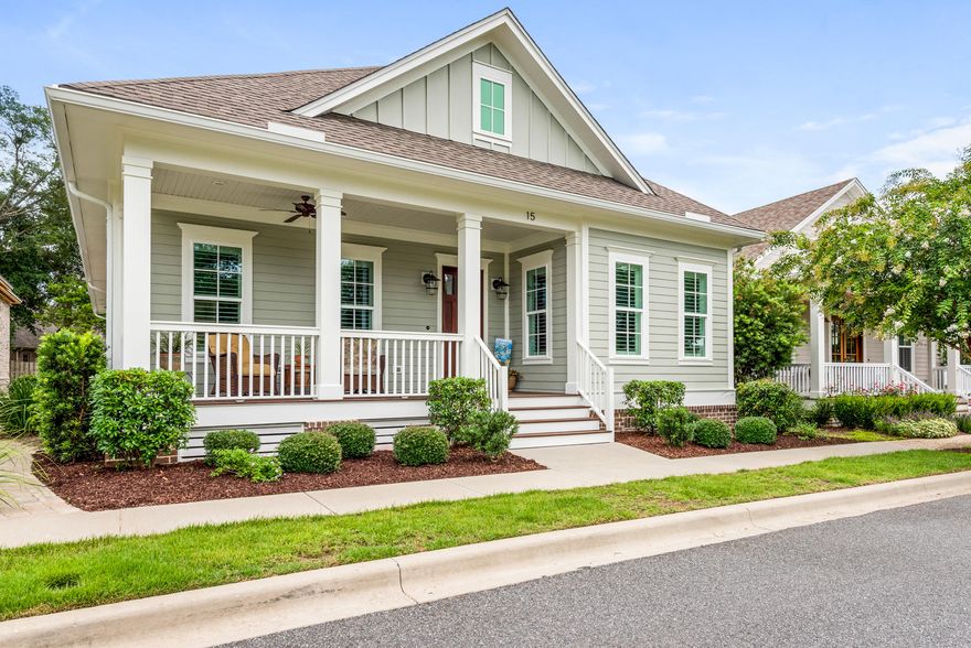 Southern charm and beauty. Sophisticated and timeless. High end finishes and upgrades. You've just found the LIKE NEW option priced well BELOW new construction prices!!!Welcome to 15 Front Porch Circle, the former Randy Wise model home tucked away in the Parkview Place neighborhood. No need to wait for new construction to be finished or pay the new construction price! This home is ready for you NOW! Boasting over 2100 square feet, this gem faces the center green space of the neighborhood and includes a private side yard with covered porch, paver patio, and gas grill! The rear entry garage from the private alley-way provides for a secluded entrance to your home while the covered front porch allows you to greet neighbors and friends as they arrive. Built with durable Hardiplank cement...