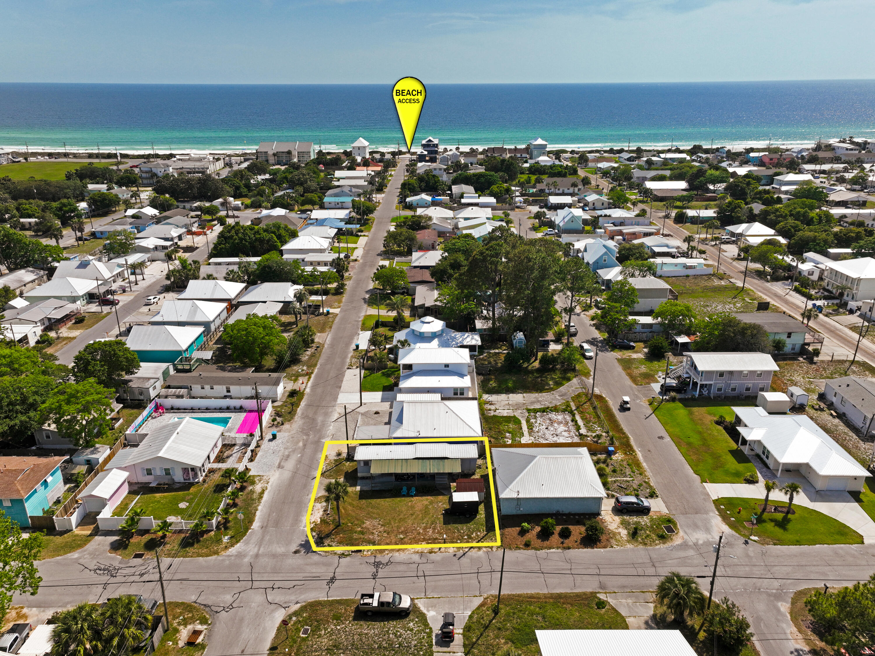 LAGUNA BEACH - This property is just 2 blocks to the gorgeous shores of the Gulf & has a mobile home on it. Located just mins to 30A, Pier Park, & conveniently located to Thomas Donuts, the Carousel. Sewer is located just North of the property on Romanza allowing a much larger build out. (see pics for location).The lot is situated in the sought after West End of PCB where there are no HOA's and short term rentals are allowed. Perfect location for your new build /short term rental. New builds on same size lot 2 & 3 stories can be seen on Toledo.Mobile home comes with the sale ''as is'' &will not be toured. If you want to see interior pics, plz text the agent. 2 beds 1 full bath mobile home. Selling for Lot Value. Address can be modified to Romanza for new build set back objectives.