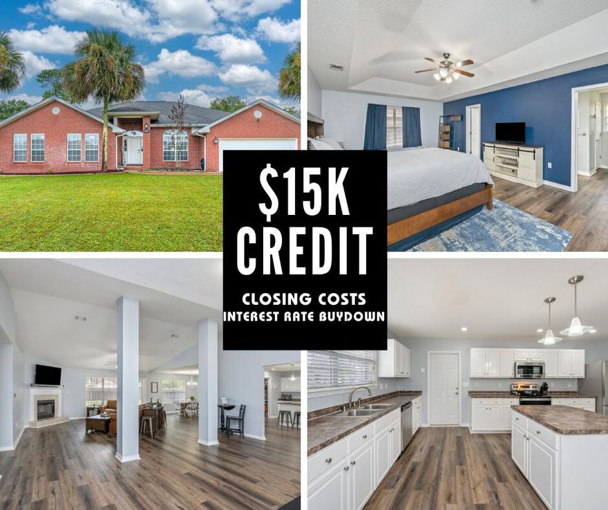 **Turn-key home in SOUTH Crestview on a flat lot!** $15k credit to Buyer @ closing, can lower rate below 5%! At nearly 3000sqft, this well maintained home is nestled in the tranquil neighborhood of Alicia Place. The desirable location South of I-10 makes for an easy commute to 7th SFG/Duke Field/Eglin AFB & places you on the white sandy beaches of the Emerald Coast within 30 minutes! This *carpet free* home is built for entertaining w/the kitchen as the centerpiece--sure to lock you in as the ''go-to'' for family gatherings. Floorplan offers abundant space for all, with 3 full bathrooms and 4 generously sized bedrooms. Additionally, prepare to be impressed by the privacy fenced backyard, manicured w/limitless potential. Strike Eagle is a true haven for those seeking both space & convenien