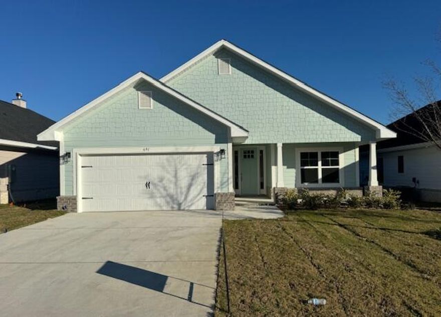 Builder pays most closing costs when buyer chooses a preferred lender, plus  up to $25K in flex money is available.  Use it towards any combo of a rate buydown, remaining closing costs, prepaids, HOA fees or builder options such as a screen enclosure or fridge, etc. The Bluffs at Lafayette, 20 min. to S. Walton beaches or 15 min N. to DeFuniak Springs shopping.  Popular Craftsman 4 BR/2 BA home with brick skirt and Hardiboard siding. Cathedral ceiling in main living area, minimum 9' ceilings throughout, 8' entry doors, quartz countertops + durable LVP flooring throughout; no carpet.  Master Bedroom has a lg walk-in closet. M.Bath has a separate Garden tub and shower, undermount sinks + dual vanities. Fully sodded yard w/sprinkler system +well & pump, garage opener, attic pulldown stairs.