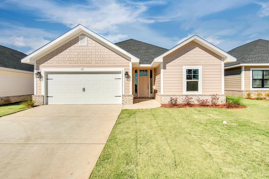 Builder is offering, while supply lasts: (a) 3.99% fixed rate financing for qualifying VA & FHA buyers plus (b) $10K flex cash to use at buyer's discretion to add features to the home (e.g. fridge, additional ceiling fans) or apply to prepaids, HOA costs or other closing costs. Don't pass this up!New Craftsman style home.  Near Freeport High School.  20 minutes to Blue Mountain Beach.   3 BR / 2 BA with 2 car garage with door opener, 10' ceiling in Great Room & Kitchen, 9' in other rooms, tray ceiling in Master Bedroom.  8' entry door, CoreTec Pro Plus LVP flooring in main living areas, carpet in bedrooms only.  Moen faucets, lever-handled hardware. Fully sodded yard with sprinkler system, well & pump.