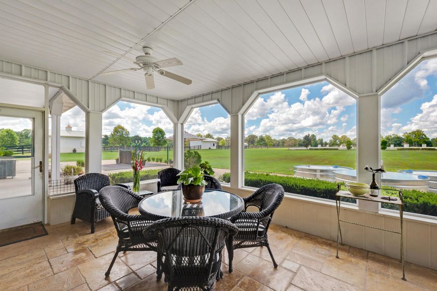 Complete renovation and downstairs remodel by Geoff Chick & Associates, including a custom chicken coop! All the Morton Buildings on the property are in excellent shape and are extremely low maintenance. There is a large pole barn for parking all the farm equipment also, so 6 buildings total if you include the chicken coop.Interior, oil rubbed oak floors and travertine, with stained cypress ceilings in the kitchen and keeping room. The custom cabinets have Rocky Mountain Bronze hardware with appliance panels on the 36'' Sub Zero and double Asko dishwashers. The range is a 42'' La Cornue with a Best hood using a remote blower. The microwave drawer is by Wolf. The waterfall countertops are honed Calcutta marble, with a single marble slab backsplash behind the range.