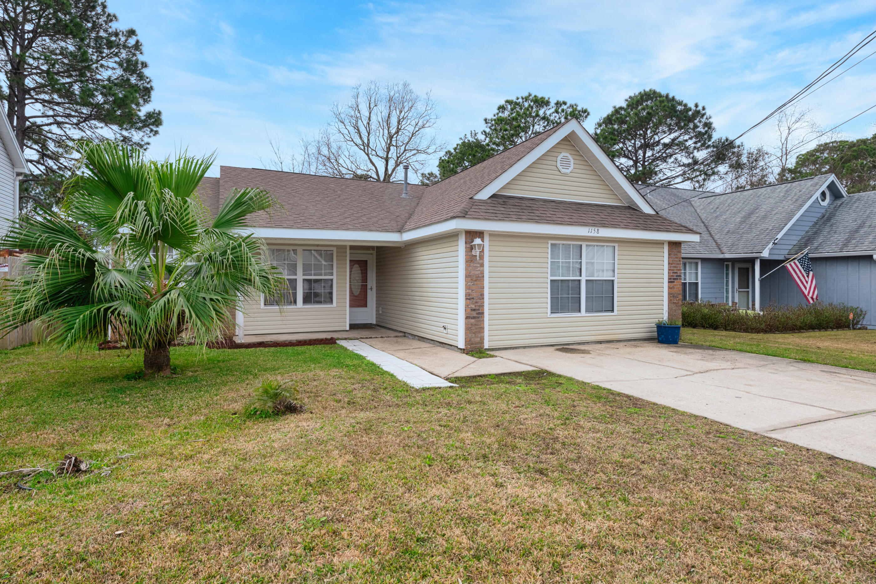 Centrally located in the heart of Fort Walton Beach this home offers an open concept floor plan as you walk in to the left is kitchen and dining, which overlooks the living area. The home also features a bonus flex room, primary bedroom with double sinks, and more! Home also has a well sized fenced backyard and shed! Seller is offering a flooring allowance to upgrade carpet in primary bedroom and flex room.