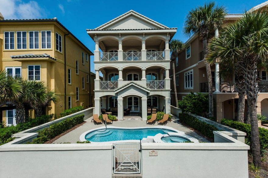 Gulf view home with two master suites and three guest bedrooms and located directly across the street from the Gulf, in Destiny by the Sea. This 4667 square foot home has an established rental history and an elevator! Third floor offers two master suites. Second floor includes a state of the art kitchen with stainless steel appliances, granite counter tops, and an ice machine. In addition to the main living area; there is a King bedroom with bath as well as another bedroom with 2 bunks. A laundry room with 2 washer and 2 dryers is also located on the second floor. The downstairs opens to the pool and deck overlooking the gulf. This floor offers a king bedroom with a private bathroom. It is also equipped with a pool table and a kitchenette with a microwave, refrigerator & ice machine.