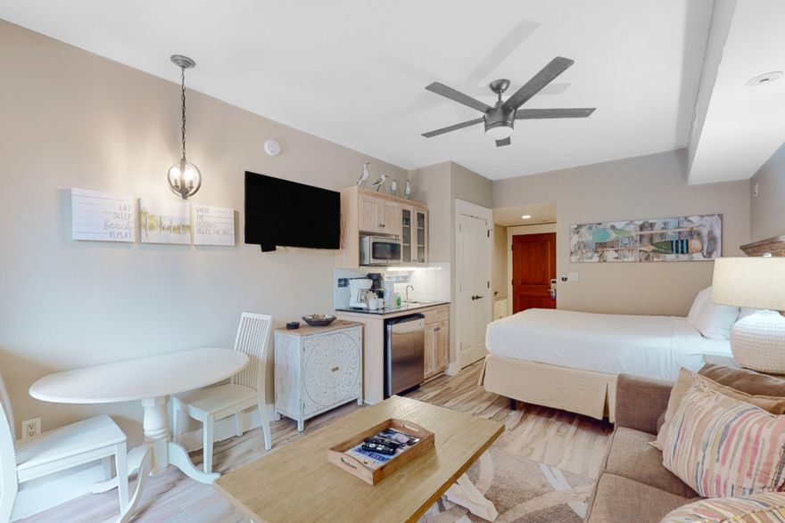 RARE FIND! Not often do these studios become available - now is your chance to snap one up before it's gone! This updated Studio in Market Street Inn features an XL Balcony with views of The Village at Baytowne Wharf. A comfortable queen sized bed is complemented by a sleeper sofa to accommodate up to 4 guests. The kitchen area is equipped with a Refrigerator, Microwave, Toaster, and Coffee Maker. Market Street Inn owners enjoy exclusive access to the amenities terrace including a large lagoon style pool, kiddie pool, whirlpool, and BBQ grilling area,, in addition to all the amazing  leisure facilities Sandestin offers! The Village at Baytowne Wharf, just steps away, is a charming pedestrian village with events, shopping, dining, family entertainment and nightlife. Owners and their guest also have private access to the Founders Club, a gathering place with kitchen, couches, big screen tv, pool table and balcony overlooking the events plaza in Baytowne Wharf. Sandestin Golf and Beach Resort has been named the #1 resort on Florida's Emerald Coast. Set on over 2000 acres of impeccably maintained grounds, it features beautiful sandy white beaches to the South, with a complimentary shuttle bus and a stunning bay front view to the North, along with four championship golf courses, a world-class tennis center with 15 courts, 4 resort swimming pools, a 123-slip marina, a fully equipped and professionally staffed fitness center, shopping, entertainment, dining and meeting spaces.  Grand Boulevard is also just outside the resort gates and provides access to additional shopping, dining and activities.
Sandestin is Golf cart and Pet friendly for owners!
Welcome to your home away from home and a fabulous investment opportunity!