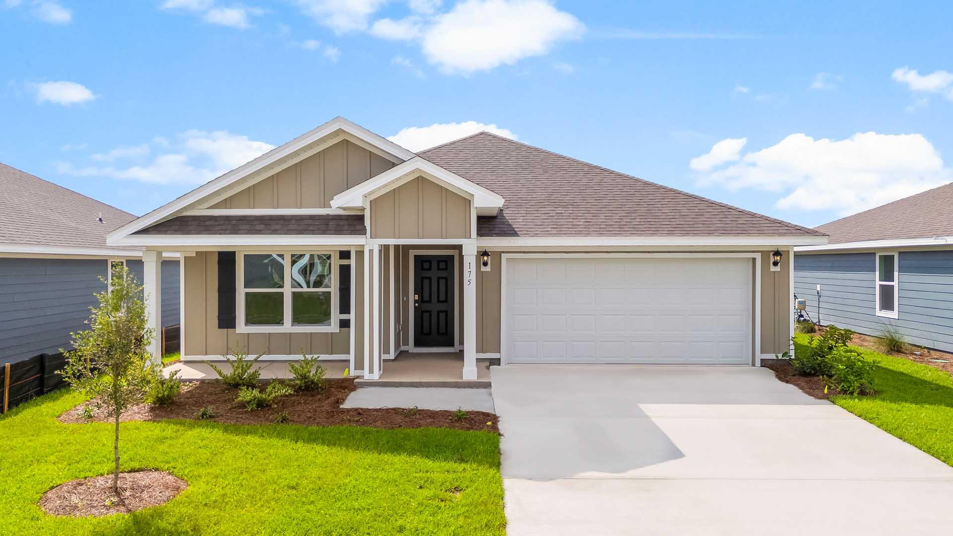 Welcome to 175 W Gray Owl Drive, a new home at Owl's Head Farms in Freeport, Florida. As you step through the entry door, you're greeted by a spacious, light-filled foyer that effortlessly flows into the home. Two bedrooms are located off the entry hall separated by a shared full bathroom featuring elegant fixtures and durable vinyl plank flooring. Continuing through the entry hall you find an additional hall leading to the laundry room and an additional bedroom, perfect for a guest room or home office. This hall also serves as access to the two-car garage, adding convenience to your daily routine. Each additional bedroom has carpet and ample closet space.