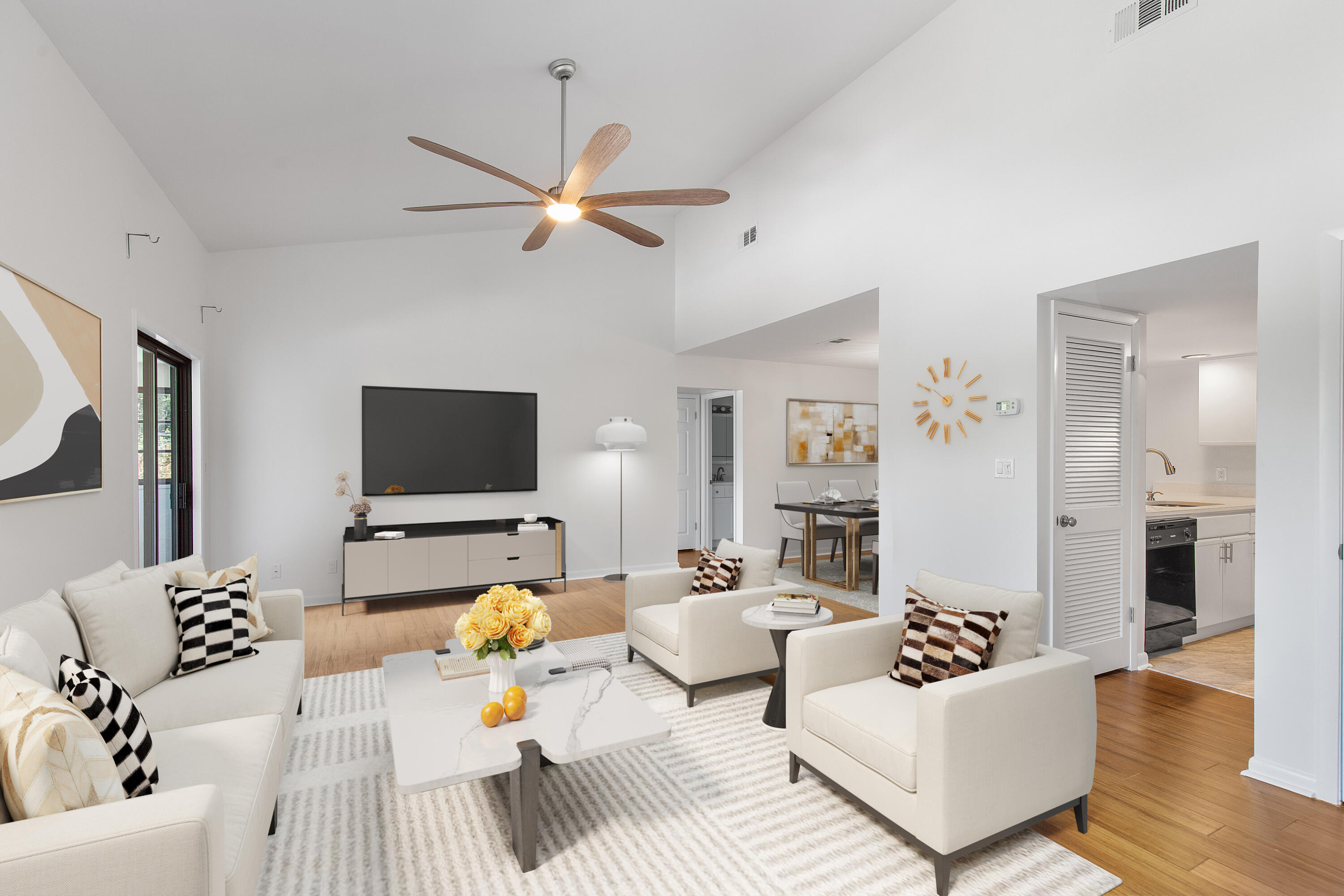Location, location, location! Across from the bay and just 2.5 miles to Henderson Beach State Park, this spacious top-floor 1BR (approx. 1,055 SF) in a quiet 8-unit community is a standout. Enjoy a soaring ~20' vaulted great room, hand-scraped bamboo floors, fresh neutral paint, and a ducted/heated sunroom--perfect as an office, lounge, or flex guest space. The kitchen and bath feature matching quartz countertops, new stainless sink, and Delta fixtures; the bath also boasts a cast-iron/porcelain tub with new surround and vanity. Storage is easy with an oversized walk-in closet (plus loft potential above kitchen/dining--buyer to verify). Building updates include full exterior repaint and a new 30-year metal roof (2024). Minutes to public beach access, shopping, and the new Publix.