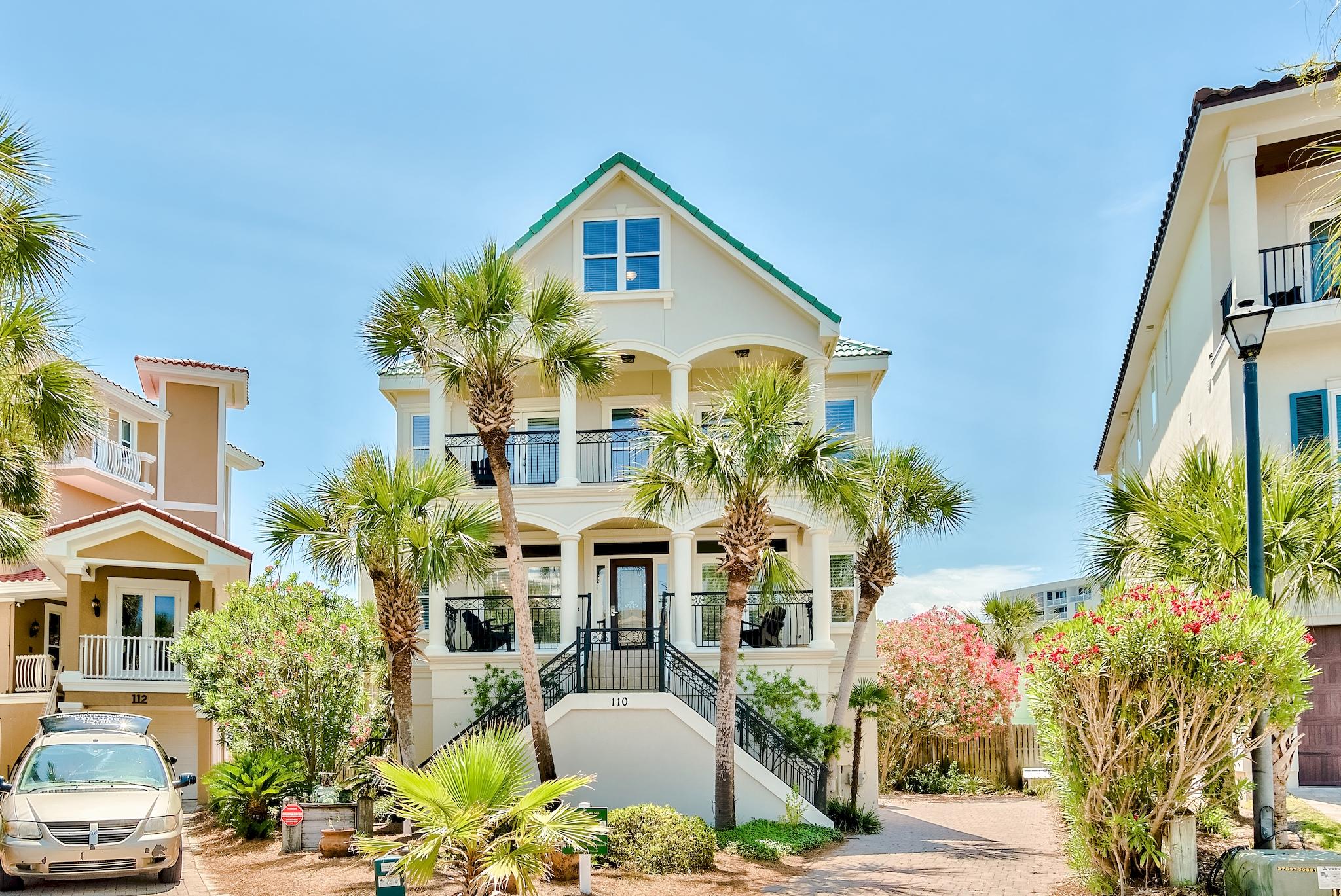 Welcome to Sandprint by the Sea, a charming beach home in the gated community of Dunes of Destin. Enjoy breathtaking views of the Gulf, a private heated pool, and easy access to the beach in this luxury 5 bedroom residence. Access to the 592 feet of private beach frontage is conveniently located steps away from the home with gated entrance. The ground level boasts a 3 car garage with plenty of storage, parking and a poolside bathroom. The second floor features a generously sized living area, a guest suite with private access to an ensuite and covered terrace, a formal dining room and a kitchen/dining combo with 20 ft ceilings- all centered around the beach views.