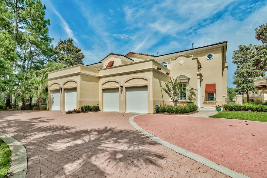 This three bedroom Mediterranean villa in the gated non rental community of the Fountains overlooks the lake and the 8th hole of the Baytowne golf course. True to it's name, the stunning view includes a fountain, too. The main living area features three 8 ft Mahogany french doors that open to 24 foot ceilings. Windows and transom windows throughout this living area bring in a bounty of natural light,. Brand new hardwood floors throughout the first level. .The newly renovated kitchen has subway tile back splash, white cabinets and granite counter tops. Enjoy all new appliances featuring a gas cook top , a double convection oven and convection microwave.