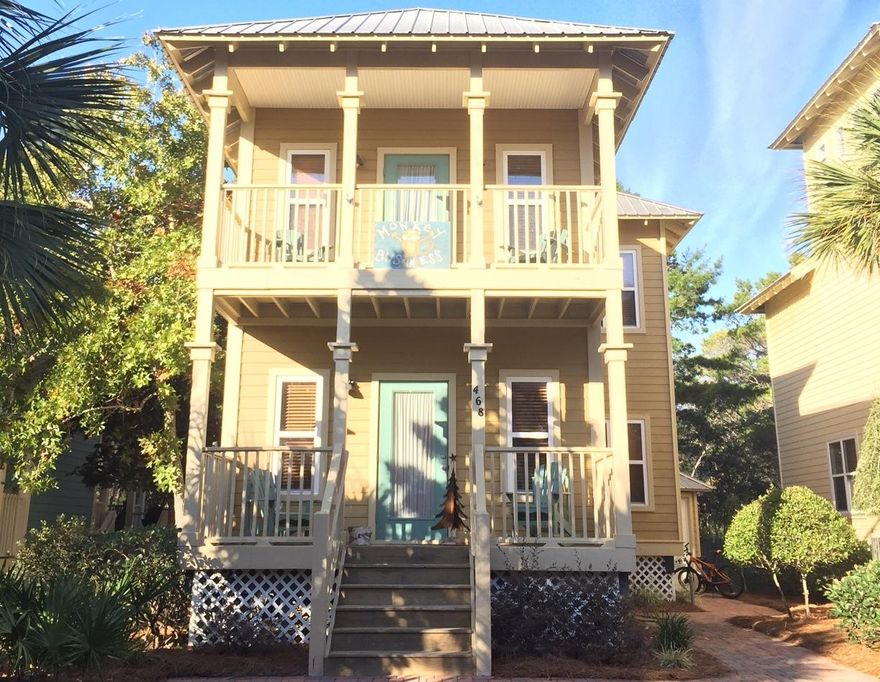 This is the only 2 bedroom home in Old Florida Village. Take advantage of owning your piece of paradise NOW! Ideally situated within walking distance to multiple beach accesses, Old Florida Village offers a quiet secluded feel in the cul-de-sac community. With 2 pools, brick paver streets, lush landscaping and white picket fences, you will be proud to own in this idyllic neighborhood. Conveniently located less than 1/2 mile from Gulf Place Town Center where you can find shopping, dining, concerts and more. This charming cottage offers a large open living/dining and kitchen downstairs along with a half bath. Upstairs you will find a loft area, two spacious bedrooms each with their own private balcony and bathroom. Granite counters in the kitchen, updated lighting,