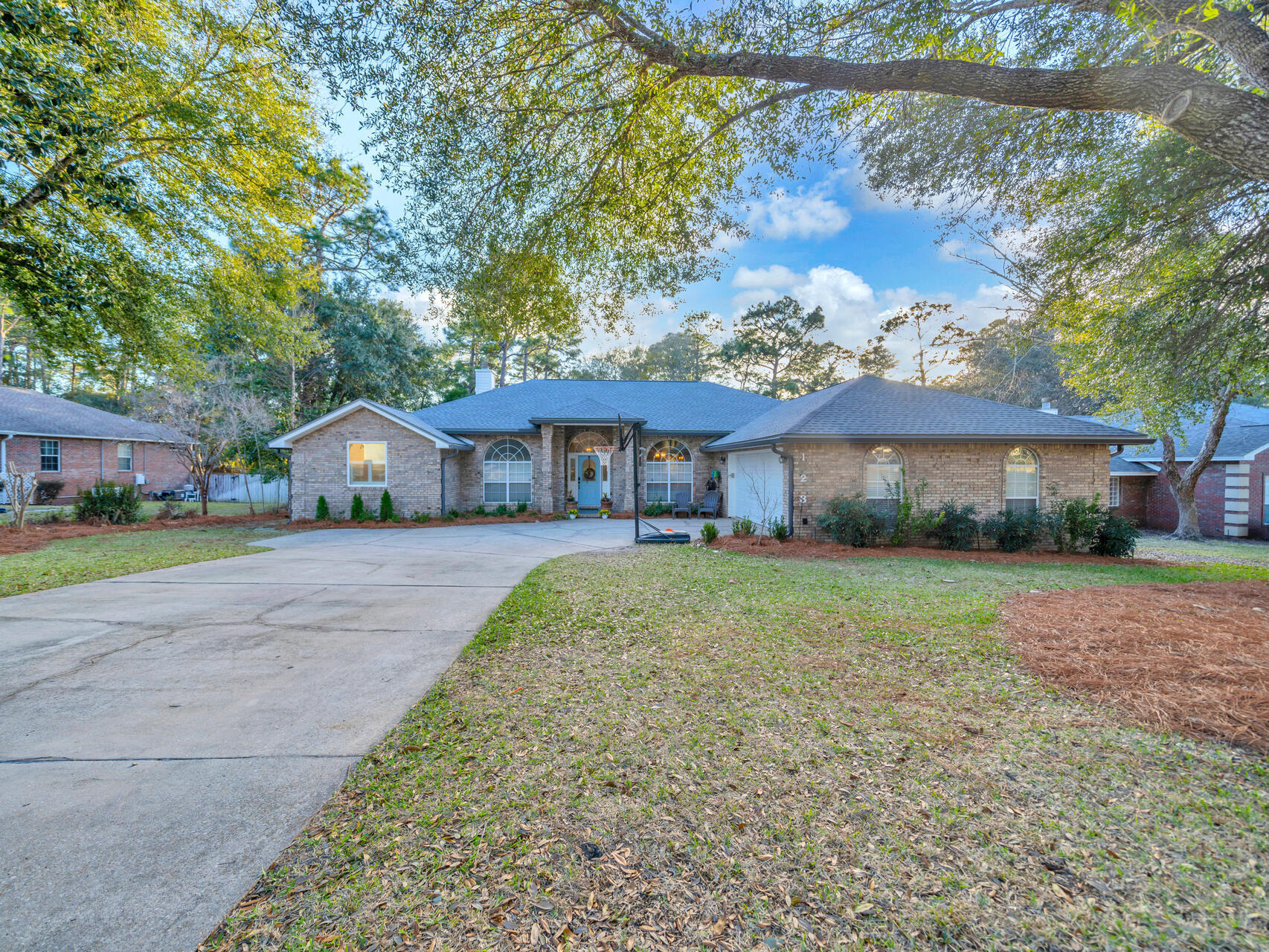 Open House Wednesday April 16th Seller offering 10K closing costs. Situated in the exclusive Rocky Bayou Estates subdivision. This charming all brick, one-level residence has been maintained and thoroughly enjoyed by the sellers. The home features a thoughtful split bedroom floor plan that ensures privacy and comfort. At the heart of the home is a spacious living area characterized by impressive 12-foot ceilings. The kitchen, seamlessly integrated with the main living area, includes a cozy breakfast nook perfect for the casual dining. Adjacent to the kitchen is a formal dining room, ideal for family gatherings and entertaining friends. Among the many unique characteristics of this home is the inviting Florida room which opens up to a remarkable outdoor deck. The owners have utilized every inch of this serene 1/2 acre lot with ample space for the kids to play in the front or back yards. Many nights are spent in the front grilling out and interacting with the neighbors. Don't miss this opportunity to experience the perfect blend of comfort, charm and outdoor living. It's as easy as 123!
Roof 2025. Floors 2022. Hot water heater 2024. HVAC 2020. Irrigation well pump 2024.