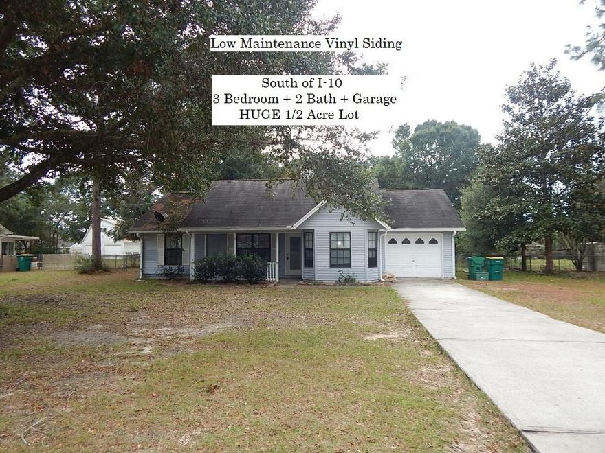 South of I-10! NO HOA & NO CITY TAXES! Short Commute to Duke Field, 7th Group & Easy Commute to Eglin. Low Maintenance Vinyl Siding! Located on a HUGE LEVEL HALF ACRE LOT. FENCED Back Yard with DOUBLE DRIVE GATES on one side, Attached GARAGE, 3 Beds & 2 FULL Baths and Indoor Laundry Room. 17 Foot Long Covered Front Porch. This is a fantastic deal and will not last long. John King Road can be accessed from the 1st red light on the south end of Crestview. Easy buy, this is NOT a foreclosure. Close to restaurants, day care center, hotels and I-10 access. Single Story home with central heat and air. One of the Sellers has an inactive Florida Real Estate License. Buyer to verify measurements, schools and anything of importance. Sold as is with right to inspect.
