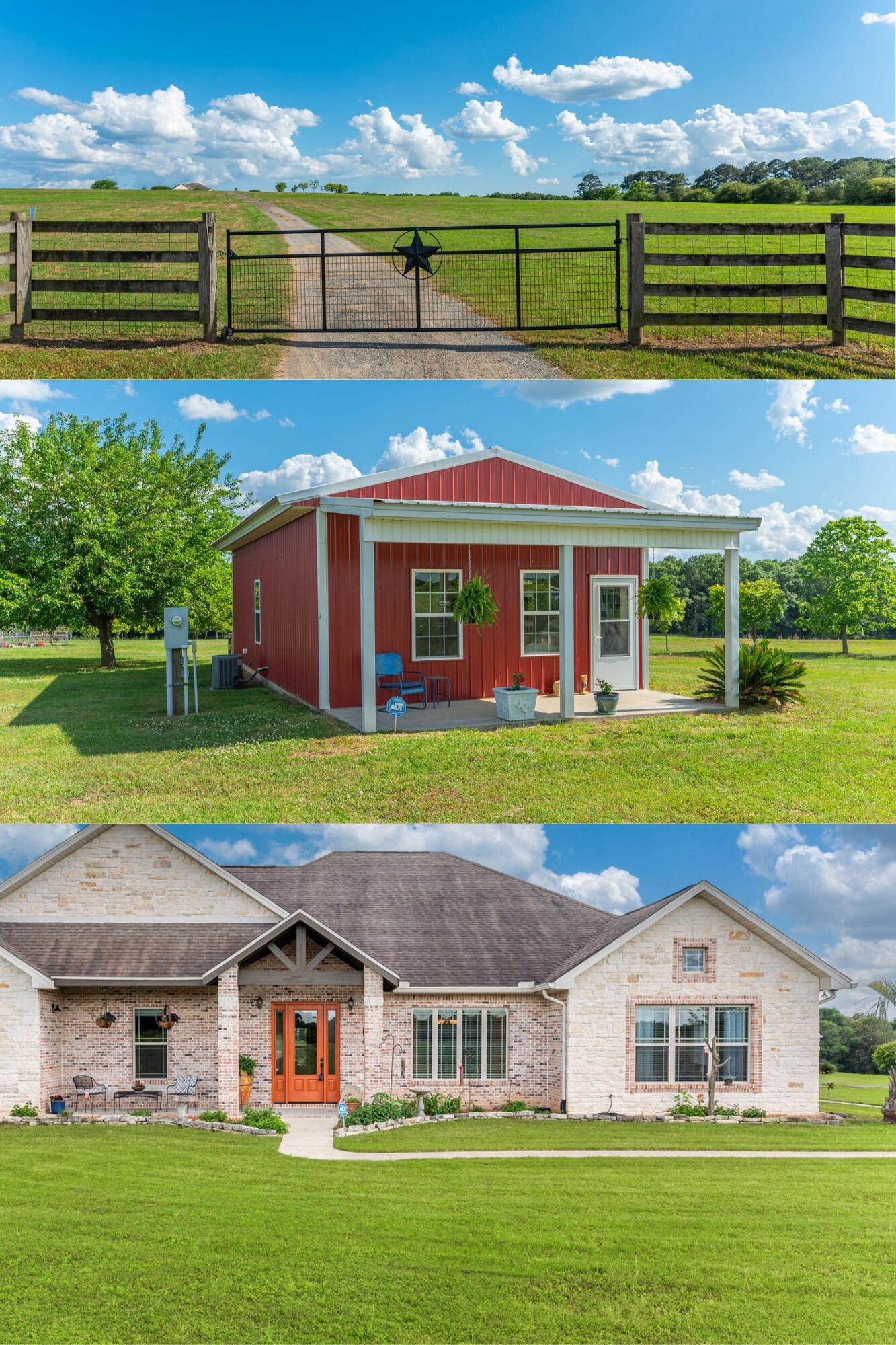 Experience the tranquility of country living in this stunning home set on a hillside. Located an hour from the beautiful beaches of the Emerald Coast, this home offers abundant space with an open floor plan and a 17-foot cathedral ceiling. The chef's kitchen includes a 6-burner gas cooktop, granite countertops, and the perfect open concept for entertaining. The spacious main bathroom boasts a large rain shower, granite countertops, a clawfoot tub, and a large walk-in closet. Separate from the master are two large guest rooms, sharing a Jack-and-Jill bathroom with a tiled shower, granite countertops, and ample storage. Additionally, there is a large room ideal for a home office. Spray foam insulation will help with the cost of heating and cooling the shop/guest house and home. Propane fuels the entire home's Generac generator and Rinnai tankless water heater. Outside, the curb appeal features custom-designed Austin stone. This 15-acre property boasts a barn and a separate shop/guest house. The 33'x36' barn has pull-through doors, a 30-amp plug, and a 220V outlet. The 20'x40' shop/guest house includes a full bath and kitchenette. The farm comprises an exercise/training arena, an already established chicken coop, and 30 haying acres (producing 200 bales annually). Enjoy the benefits of having a local cattle farmer on the property. The property is under an agricultural tax exemption for low taxes. The property has a 12'x16' greenhouse with water and electricity. A gardener's dream, the property also includes asparagus crowns, 26 Fuyu persimmons, 48 Southern Jewel muscadines, 19 Satsuma, 15 Koroneiki olive trees, nine mature blueberry bushes, 8 Dunstan chestnuts, 6 fig trees, three mulberry trees, 2 Kiwi, 2 Sumner pecans, a pear tree, a pomegranate shrub, and raised gardening beds. This property is best summarized by its serene and quiet living with stunning sunrise and sunset views. See what makes this luxury country living property genuinely unique!