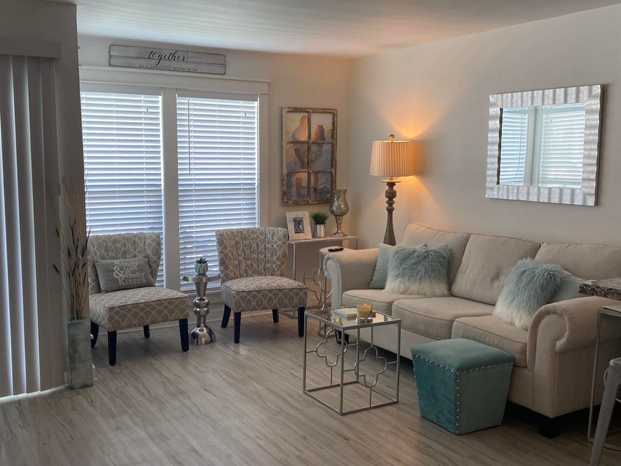 MUST SEE this beautifully remodeled Studio! Just about everything in the condo is BRAND NEW! Too many updates to list, but a few include these ALL NEW upgrades: water heater, impact rated windows & sliding balcony door, craftsman fiberglass front door, 5 panel solid core interior doors, 2'' blinds & verticals, ship lap accent walls,& NEW light fixtures throughout. Kitchen features all NEW white Shaker cabinets & hardware, granite countertops, tile backsplash, sink,faucet & appliances. Bath features NEW vanity sink w/granite counter, NEW toilet, wall of attractive wainscoting, and tile floors. NEW water heater and NEW furnishings. Murphy bed features memory foam mattress, attached headboard & side shelf. All this in todays fashion colors of beige and teal. Spec Assesment of $105.42 thru 2022