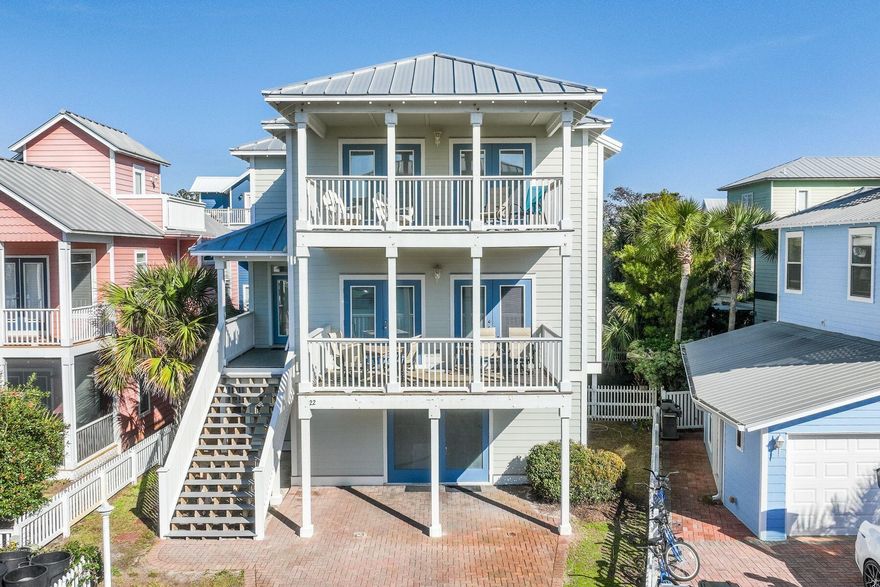 This quintessential beach house enjoys lovely breezes and views of the Gulf of Mexico sitting just three houses back from the beach. Nestled in the gated neighborhood of Sunrise Beach, on the south side of 30A, you have easy access to the beach with two beach walkovers maintained by the HOA.  The home boasts a private pool and charming backyard for lounging after walking the beach.  You'll find a huge gaming area on the first floor complete with air hockey & ping pong tables as well as  bunks and a guest bedroom and bath.  The built-in trundle bunks make into four beds.  The main living area with fireplace and kitchen are on the second floor for best Gulf views from the balcony, and the guest bedroom on that floor also has a balcony and adjoining bathroom. The top floor showcases the