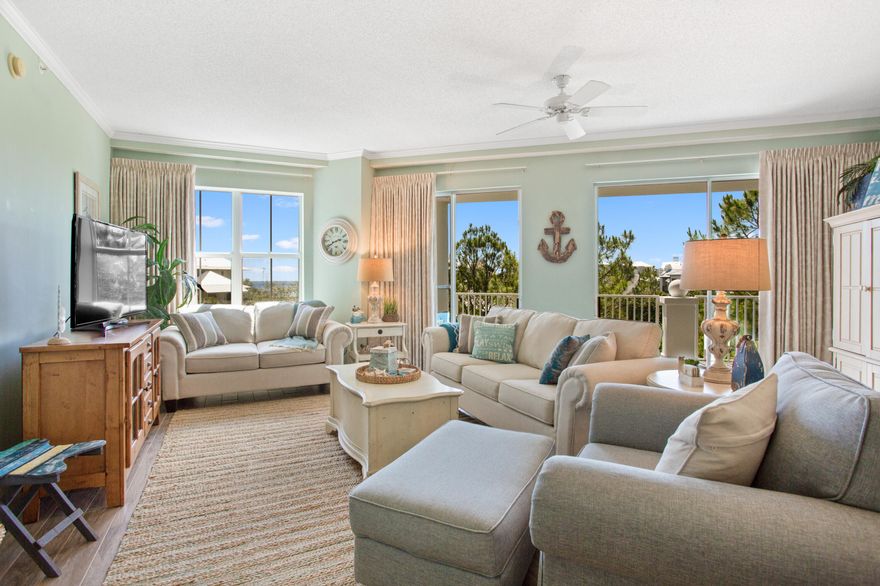 Rare find! Spacious three bedroom, three bathroom home in gated beachfront building tucked away off of 30A with 150ft of private deeded beach access. This is a third floor west facing unit with large balcony overlooking a quiet wooded area with views of the gulf. This is the perfect getaway for a second home while also being a highly productive income producing vacation rental. Owners have taken very good care of the property & have made several updates including recent new paint. This unique building has a large interior atrium with various sitting areas. Other amenities include beachfront pool and hot tub, fitness room, basketball court and and underground parking.