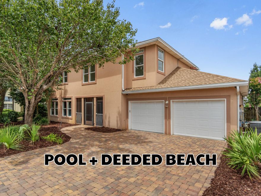 Welcome to 60 Sagris Cove in Avalon Beach Estates, a sought-after Gulf-front community with 500' of private gated beach access, seasonally heated pool, tennis, and pickleball courts. Never rented, this custom-built home with almost 2900 square feet boasts 3 bedrooms PLUS 2 oversized flex rooms -- one upstairs and one downstairs, ideal for guests or multi-use space. Features include transom windows, crown molding, chef's kitchen, whole-home generator, spacious primary ensuite. Many recent updates for 2025: BRAND NEW paint, LVP floors, water heater, and refrigerator. Roof (2022), *two* HVAC units (2016), paid-off solar panels. Screened front and back porch, privacy-fenced yard on a cul-de-sac in Flood Zone X. STR allowed. No thru traffic to 98. Your blank canvas on the beach awaits!