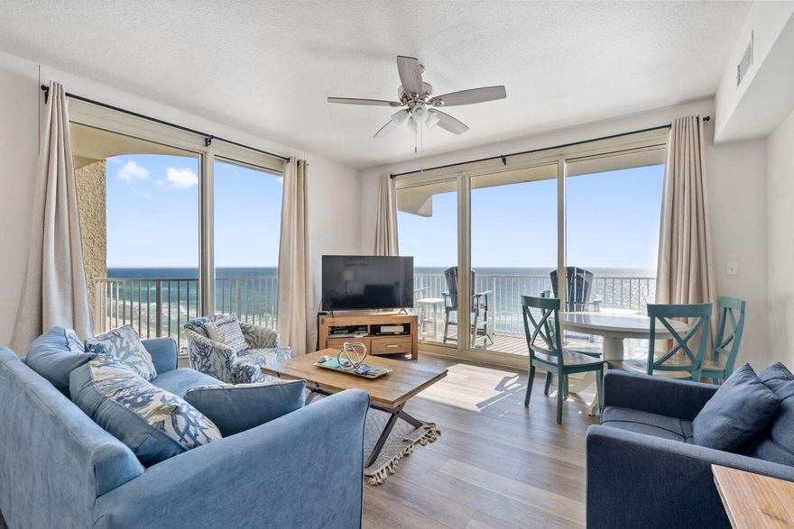 One of the best floor plans in the Shores of Panama is now available for purchase! This coveted wrap around balcony and direct GULF FRONT views will leave you in awe as soon as you enter. This unit will convey fully furnished and rental ready for the upcoming 2024 season! Offering two bedrooms + a bunk room, two-and-a-half bathrooms, a deeded parking space, updated flooring, lighting, breakfast bar and a full size washer and dryer making laundry at the beach a breeze! Reservations for 2024 are already on the books -- contact your agent to schedule a showing and start enjoying this beautiful property today!
