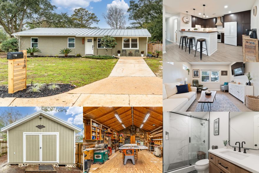 Welcome to this Fully Renovated Home with a DREAM WORKSHOP where memories were made and cherished for years! This beautiful house has been thoughtfully designed and upgraded to offer comfort, convenience, and style. From the moment you step in, you'll appreciate the attention to detail from the luxury updates and to added storage to the expansive exterior space to include Workshop, Exterior Workout Station, Custom Patio & ample space for Rv, Boat, Trailer or extra automobile parking. The kitchen is a chef's dream with rollout organizers, including a spice rack, utensil drawer, cutting board, cookie sheet, and pots and pan rollouts for maximum organization. The living room is well lit and spacious, the master suite with walk in closet and stand up shower! Key Features and Updates:
- Smart storage solutions, such as built-in linen closets, laundry and broom closets, a folding table, and office built-ins that provide both file storage and extra office space..
- Located in a growing area with easy access to shopping, dining, entertainment, this home offers both convenience and comfort. Beaches, Hospitals, Eglin & Hurlburt Field, Schools & NWFSC all less than 15 minute drive.
- Spacious Exterior Lot: Whether you have an RV, boat, or work trailers, the exterior lot is large enough to house it all. You can store your toys with ease, exterior wash sink, expanded deck for your enjoyment, workout station, & seller had many trucks & trailers that he was able to easily maneuver into the back and side yards.
- DREAM Workshop: The Dream Workshop was built with growth and functionality in mind, providing the perfect space for a custom woodworker. The foundation is overbuilt to easily accommodate larger woodworking equipment, while a larger-than-necessary power supply with multiple 220v circuits ensures versatility and efficiency. Storage options were thoughtfully integrated, with racks for lumber and built-in storage for tools, maximizing the footprint for optimal workflow. With 16x24 dimensions, 8' sidewalls, and a vaulted 13' peak, this shop is the ideal environment for any woodworking project, from cabinets to custom built-ins.

Full House Renovation 
   -  Major Items include whole house plumbing, Upgraded Uponor Supply electrical (2025), HVAC (2024), Water Heater(2022), 50-Year Metal Roof (2005) Double Pane Windows(2015)
  - Brand New Master & Hall Bathrooms with extra hidden storage, tile floors.
  - Upgraded master walk in closet with custom built ins
  - Upgraded Laundry Room with tons of storage 
  - Kitchen renovations (2020) 
  - New flooring (2021) with luxurious LVP throughout the home and tile in the bathrooms for added elegance.
  - Wind Mitigation Inspection (2024)
  - Pest Control Termite Bait Stations (Bryan Pest Control)

This house has been loved and cared for, and it shows in the quality updates and functional layout. It's a home where you'll immediately feel like you belong - just as the current owners did when they first found it in 2005, amidst multiple offers and with a sense of destiny. Now, it's your turn to experience all that this home has to offer. Come and see it today - we can't wait to show you around! 
Small Shed is As Is, No Sprinkler System or Well.