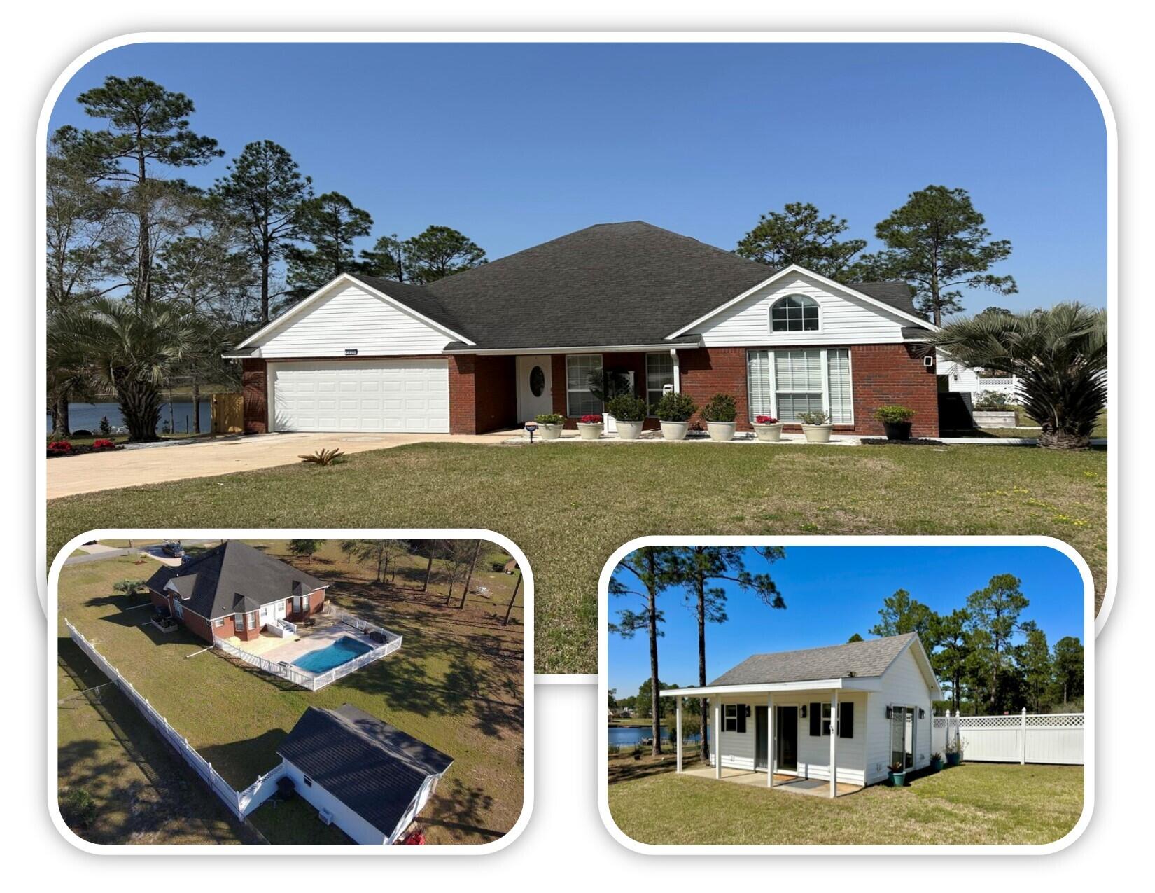 MOVE-IN READY. WATERFRONT Traditional all brick home on 3/4 Acre, NEW roofs. In-ground pool in desirable Ten Lakes Estates with Separate waterfront Cottage. Well maintained 3BR, 2 BA, 2-car attach garage & large custom built-in office. NEW roofs & water heater NEW: KitchenAid appliances, new LG brand W&D, Plantation Shutters, ceiling fans, faucets, tiled shower, LED lights throughout, stone kitchen backsplash, cottage paint / all room paint touchups, 65'x 8' privacy fence, new 48'x12' deck, 6'' gutters, HVAC. Ceilings are: 10' Vaulted or Trey. TOTAL 2,115SF (Cottage 275SF). City water, septic, irrigation-separate well. Corian kitchen with large island & pantry. Ensuite Primary water view bay window, soaking/jetted tub, separate tile shower. 30'x15' LR. 2 guest rooms & guest BA on opposit A beautiful lakefront home on .74 Acres with 100' waterfront and full lake views in desirable Ten Lakes Estates, a park-like setting community near Defuniak Springs, Florida with acreage-sized lots. A perfect family home completely ready to move in. Each room has been recently upgraded and refreshed/remodeled with new window Plantation shutters, new ceiling fans with lights, new faucets and shower fixtures, new molding, new walk-in primary decorator tiled shower with light, new LED ceiling recessed lighting in several rooms, new LED ceiling light fixtures, new stone designer kitchen backsplash, new mirror trims, new paint in cottage and touchups throughout the home, new ceiling heat & air registers, new 65' x 8' white privacy panel & lattice fence with gate, new 48' x 12' deck, new washed rock landscaping, and new 6" gutters.
The home is 1840SF heated & cooled and 2,115SF total including unattached 275SF cottage. The attached garage is 20'x 20. Home has been well maintained with a 4-year new central AC. The home has city water and septic system. It also has a well that is used for the lawn irrigation system.
Step outside right onto your lakefront deck & patio in the inviting fenced-in, in-ground pool area. The deck is the perfect place for grilling and swimming gatherings for family and friends, or to sit back and relax while you take in the serene views of the lake. This property also boasts an unattached cottage/pool house/game room / man cave.
This 3-bedroom 2 full bath split floor-plan home also includes a custom 13'x11' office with a lake view has nicely designed 2-wall built-in cabinetry desks and ample drawer storage. The office has plenty of countertop space and another wall of cabinets for household storage.
The large, eat-in kitchen with maple cabinets, designer rope & backplate brushed pewter pulls and pull-out storage drawers has a lovely full lake and pool view though the bay window with new 3" Plantation shutters. The all-new stainless steel KitchenAid kitchen includes a counter-depth refrigerator, Corian counters, a large island with storage, a dual sided Corian corner sink with In-Sink-Erator garbage disposal and wonderful lake views and an under-sink water heater. The 3-level dishwasher is equipped with Sani-wash and extended dry time cycles. The 5-burner smooth cook top has a self-cleaning convection oven, a 5th warming burner and a matching above-range microwave. There are two new designer ceiling fans in the kitchen, over the dining and sink areas and 8 new recessed LED ceiling lights. The new stone and brushed stainless backsplash has all new stainless electric plug-ins (some with USB chargers) and switch plates. There is a good-sized, shelf pantry as well. All kitchen and office flooring are neutral tile.
The spacious trey ceiling, carpeted primary suite has a large bay window with new 3" Plantation shutters on the bay windows looking out to the lake.
The bedroom also has a new ceiling fan and 4 new LED recessed dimmable ceiling lights. The ensuite primary bathroom has 9' vanity with dual sinks, a spacious jetted soaking tub, a new sparkling white tile custom walk-in shower with designer tile insets and a new LED ceiling shower light, a large 3" Plantation Shutter window, a neutral-colored tile floor and a new LED light & vent fan. The primary custom crafted walk-in closet is directly off the primary bath. The room-sized tiled laundry room it directly off of the primary hallway and has new high-end large capacity LG metallic grey washer & dryer and storage and new LED ceiling light.
The extra wide 11'x5' entry hallway is well lighted with new brushed chrome LED lighting. The wood laminate floor in the entry carries on through the 30'x15' living room with 10' ceilings and oversized, high open doorways, 2 new designer ceiling fans, 4 new LED recessed lights and ceiling registers. The living room is flooded with natural light from the wide 10' high palladium window.
The medium tone, neutral laminate wood floors continue throughout the guest bedrooms hallway and both guest bedrooms. Both guest rooms and guest bath are on the opposite side of the house from the primary suite. One guest bedroom has a roomy walk-in closet, a vaulted ceiling with new ceiling fan and a large 10' palladium window. The full guest bath is neutral tile flooring with wide vanity & mirror with new LED lighting and a tub with shower, along with a new vent LED ceiling light & fan.
The 275SF unattached cottage/man cave/pool house has a good-sized, lakeview porch. The cottage has high vaulted ceilings with 2 new ceiling fans and warm-toned wood floors, with neutral wall color. There are 2 patio doors and 4 windows for lake watching. The cottage also has 4 new solar outside lights.
The traditional brick home has a stylish architectural shingled hip roof with new 6" gutters. The wide cement driveway is lined with cobblestones on a paved county road. The home has a leaded oval glass entry door at the covered porch front entrance. It also has a 15' flag pole surrounded by Azaleas and ornamental grass. It has new fencing around pool pump equipment and another new fenced area for garbage can storage.
It is well landscaped with large palm trees on either side of the front and a new 65' white panel lattice 8' high privacy fence. On the other side is a nicely landscaped treed park-like lot. A new deck with built in storage box awaits the new owner's choice of solid stain or paint. It's complimented with new washed river rock drainage. There is attic access stairway with partially floored storage.
Upgrades just completed include: New Roofs, new water heater, new full sized tiled walk-in primary shower, 9 new 3" Plantation shutter windows, 10 new designer lighted ceiling fans, 7 new brushed pewter faucets & handles and shower heads with wands, new stone & metallic kitchen backsplash tile, a large back yard deck with new decking & storage box, new LED ceiling fans, new LED recessed lighting, 10 new ceiling registers, 3 new mirror frames, new under kitchen sink water heater, 30 new designer switch plates and plug in receptacles, new wall and door paint.