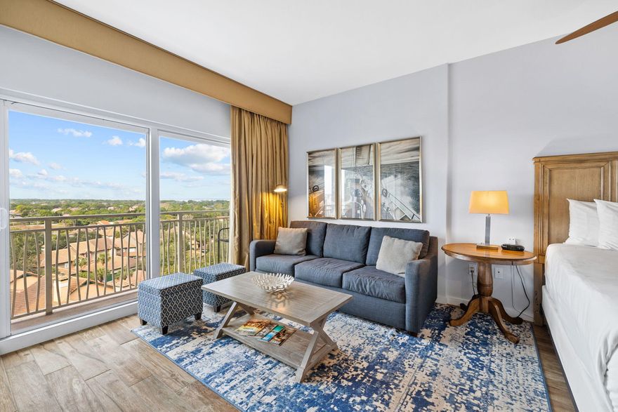 Fantastic views of the Gulf of Mexico, Choctawhatchee Bay, lake, and golf course from this 8th floor studio in Sandestin's  LUAU I building.  This unit is beautifully appointed with updated furnishings, and plank style tile flooring.Complete with a king size bed and sleeper sofa you can comfortably accommodate 4 guests.  This unit also offers a generous size full bath, kitchenette with compact fridge, microwave, and coffee maker. Plenty of space to relax on the balcony and take in all the views.  LUAU I amenities include beach access, an oasis resort pool with hot tub, and waterfall, seasonal tiki hut, kids splash zone, grilling area, sundeck and onsite fitness. This unit has been well maintained and is turnkey.