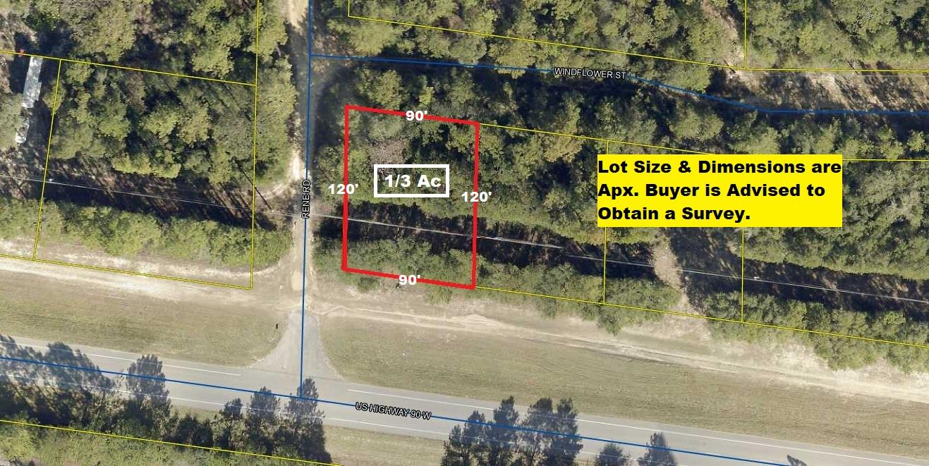 Lightly wooded lot with frontage on 3 roads (Windflower St, Rene Rd and Hwy 90). Located in growing Mossy Head area of Defuniak Springs, this property is located minutes from Blackstone Golf Course and I-10. Defuniak Springs and Crestview apx. 15 minutes and apx. 30 minutes to Niceville and Eglin AFB. No utilities currently on the property but power on street Public water is available with paid tap fee. Septic tank would be required.