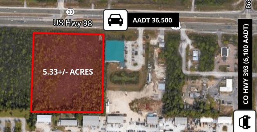 Rare opportunity to purchase 5.33+/- acres in the heart of Santa Rosa Beach. The site is the ideal location for a commercial odevelopment with its prime location on the commercial artery US Highway 98 West within the Santa Rosa Beach market. The site is next to the Wal-Mart, Publix, and Dollar General and is 2 miles east of the Sacred Heart Hospital, Publix, and the Grand Boulevard shopping center. The Santa Rosa Beach market is a highly sought after area to reside with its affluent demographics, shopping, entertainment, and minutes to the white sand beaches of Walton County. The parcel is zoned VMU and allowed uses within the commercial land district include general commercial uses, public uses, civic uses, entertainment and recreation, VMU limited lodging, and residential(see mkt package