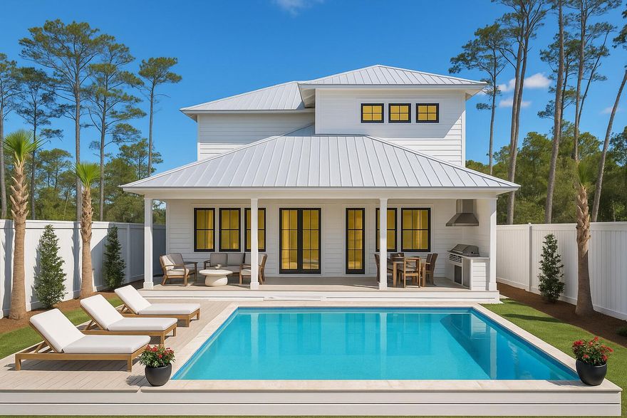 Welcome to your coastal retreat! This stunning 2025 new construction home blends luxury, durability, and style, just a short walk from the world-famous white sandy beaches. Offering 4 bedrooms, 3 full baths, and a half bath, this thoughtfully designed property features two bedrooms on the first floor with private en suite baths, making it ideal for family, guests, or rental versatility. Inside, enjoy the warmth of cypress and pine accent ceilings, expansive LVP flooring, and a light-filled loft area perfect for extra living space. The spa-like primary bathroom creates a true retreat, while the custom cabinetry with quartz countertops, gas stove with custom hood, and open-concept kitchen elevate everyday living. Step outside to your private paradise with a heated saltwater pool and covered back patio, perfect for entertaining year-round. Built with quality in mind, this home showcases 2x6 framing and a durable metal roof for peace of mind. Located in a golf cart-friendly neighborhood, this property allows short-term rentals, making it an incredible investment opportunity. Explore nearby favorites like Dolly Parton's Pirate Voyage, Top Golf, Pier Park, 30A dining and shopping, and Camp Helen State Parkall just minutes away. Whether you're looking for a full-time residence, vacation home, or income-producing rental, this property is the perfect blend of luxury and lifestyle. Estimated completion date 11/1/25.