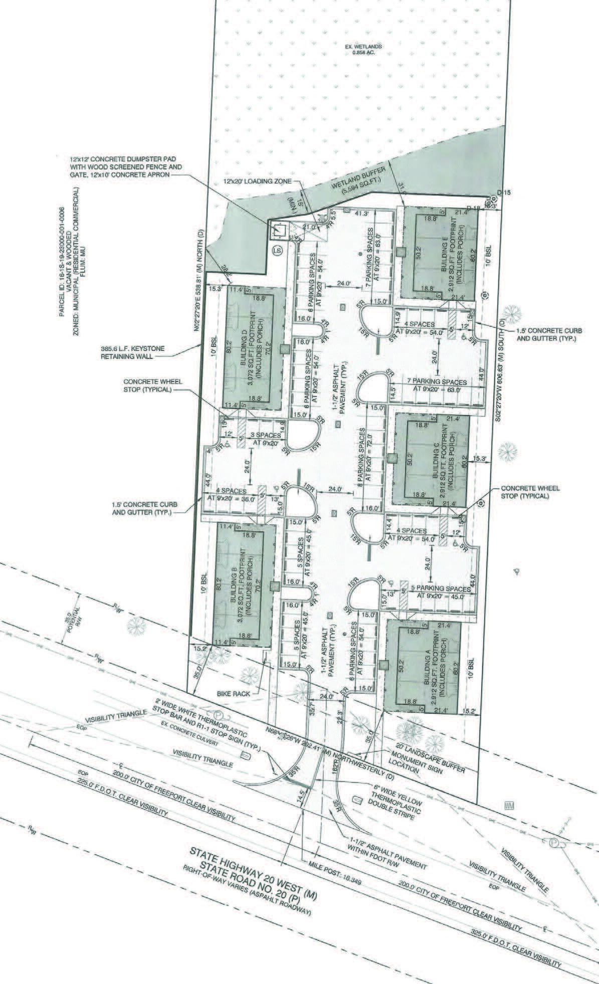 SHARPLY REDUCED! Exceptional parcel fronting Highway 20 within the City limits of Freeport with Development Order issued May 4, 2023 approving (5) freestanding buildings and yielding 22,286 SF. The seller has already paid over $220,000 in water and sewer capacity fees and over $4,000 in sidewalk buyout fees. Please call for further details.