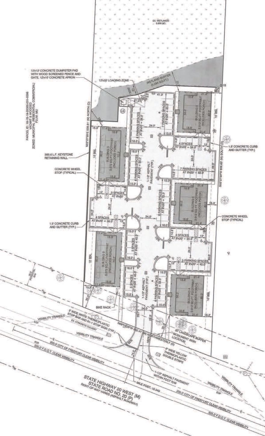 SHARPLY REDUCED! Exceptional parcel fronting Highway 20 within the City limits of Freeport with Development Order issued May 4, 2023 approving (5) freestanding buildings and yielding 22,286 SF.  The seller has already paid over $220,000 in water and sewer capacity fees and over $4,000 in sidewalk buyout fees.  Please call for further details.