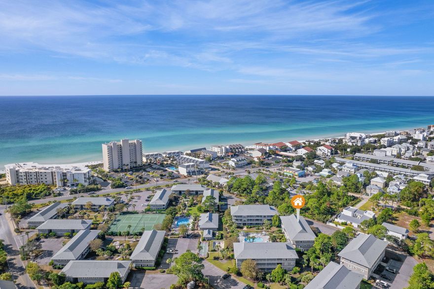 Welcome to ''Playa Blanca'' located in the heart of Seagrove Beach! Beautifully renovated, this is a RARE opportunity to actually own 1 of only 10 two-bedroom units in the entire resort! Ground floor accessibility makes it easy to come and go. You will love that this unit has its OWN washer and dryer! The open floor plan is freshly painted, with new ceramic tile, new toilets, plumbing fixtures, ceiling fans and light fixtures. The HVAC was replaced in Aug. 2020. The furniture and decor are sophisticated, yet comfortable. The kitchen has granite counter tops, new smooth top stove, stainless steel appliances, breakfast bar and custom white cabinets.  Primary bedroom has ensuite bath and both bathrooms have been completely renovated. The Extensive patio