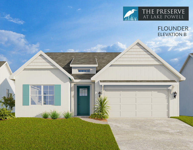 Enjoy the Inlet Beach lifestyle for a fraction of the price! The Preserve at Lake Powell is a coastal community located on the west end of Panama City Beach. We have 40 new lot/home packages to choose from and 4 floor plans. This premier development is only a short drive to the largest public beach access in Walton County, the public boat launch at Lake Powell Park, 30 Avenue for shopping & entertainment, Camp Helen State Park, and Rosemary or Alys Beach. Coastal style homes featuring quality materials, bold features, and versatile design are the centerpiece of this serene residential retreat. The Flounder floor plan features 3 bedrooms, 2 baths, 1,653 sq ft, 2-car garage, and an open patio (or the option for a covered porch).