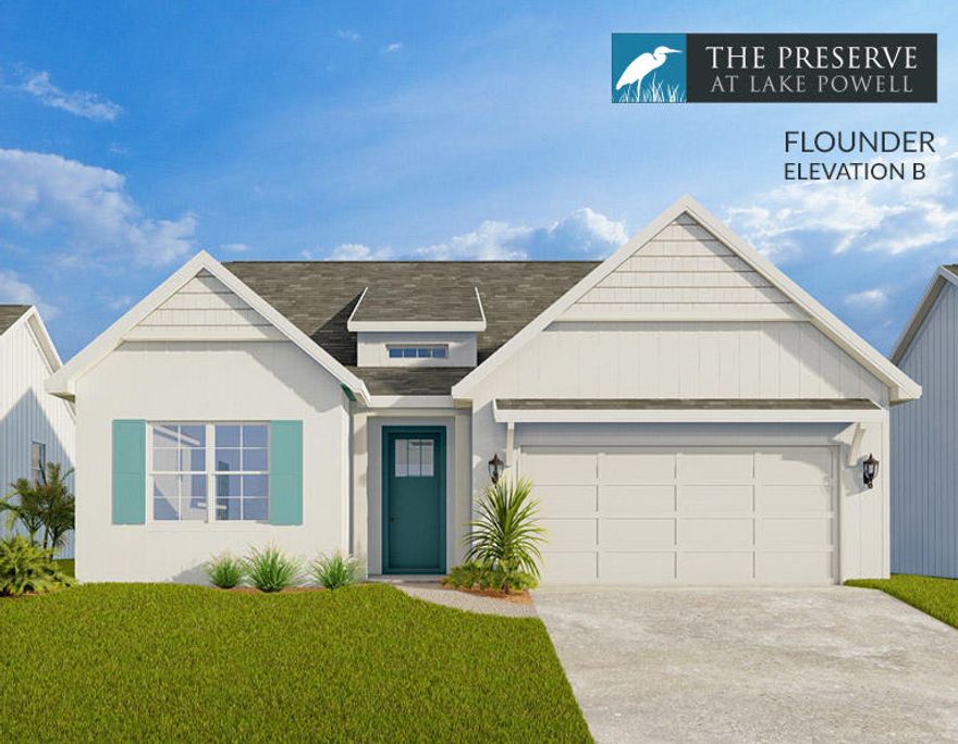 Enjoy the Inlet Beach lifestyle for a fraction of the price! The Preserve at Lake Powell is a coastal community located on the west end of Panama City Beach. We have 40 new lot/home packages to choose from and 4 floor plans. This premier development is only a short drive to the largest public beach access in Walton County, the public boat launch at Lake Powell Park, 30 Avenue for shopping & entertainment, Camp Helen State Park, and Rosemary or Alys Beach. Coastal style homes featuring quality materials, bold features, and versatile design are the centerpiece of this serene residential retreat. The Flounder floor plan features 3 bedrooms, 2 baths, 1,653 sq ft, 2-car garage, and an open patio (or the option for a covered porch).