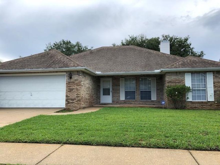 Located on a quiet cul de sac, this attractive home is only 3 miles from Eglin AFB and convenient to base hospital. This home features cathedral ceilings, gas fireplace & split bedroom floor plan. Two large walk in closets in the master suite plus jetted tub, separate shower, double separate vanities in the master bathroom. You will love the covered patio in backyard. There is even a porch with room for cozy rocking chairs. Oversized 2 car garage. All stainless appliances in kitchen plus a newer stove, and microwave. Washer and dryer included but not warranted.  Neighborhood offers a newer park and playground and an easy commute to all bases, shopping, beaches & restaurants. All adults 18 and over must fill out an application and be on the lease. Owner will consider a small to medium pet that is spayed/neutered and fully housebroken, no puppies. Must show photo of pet and proof of up to date on shots. Tenant must carry $300k personal liability insurance with additional pet liability insurance, amount to be determined . Any person 18 years old or older must apply separately, Ice maker, washer & dryer and jetted tub not warranted.