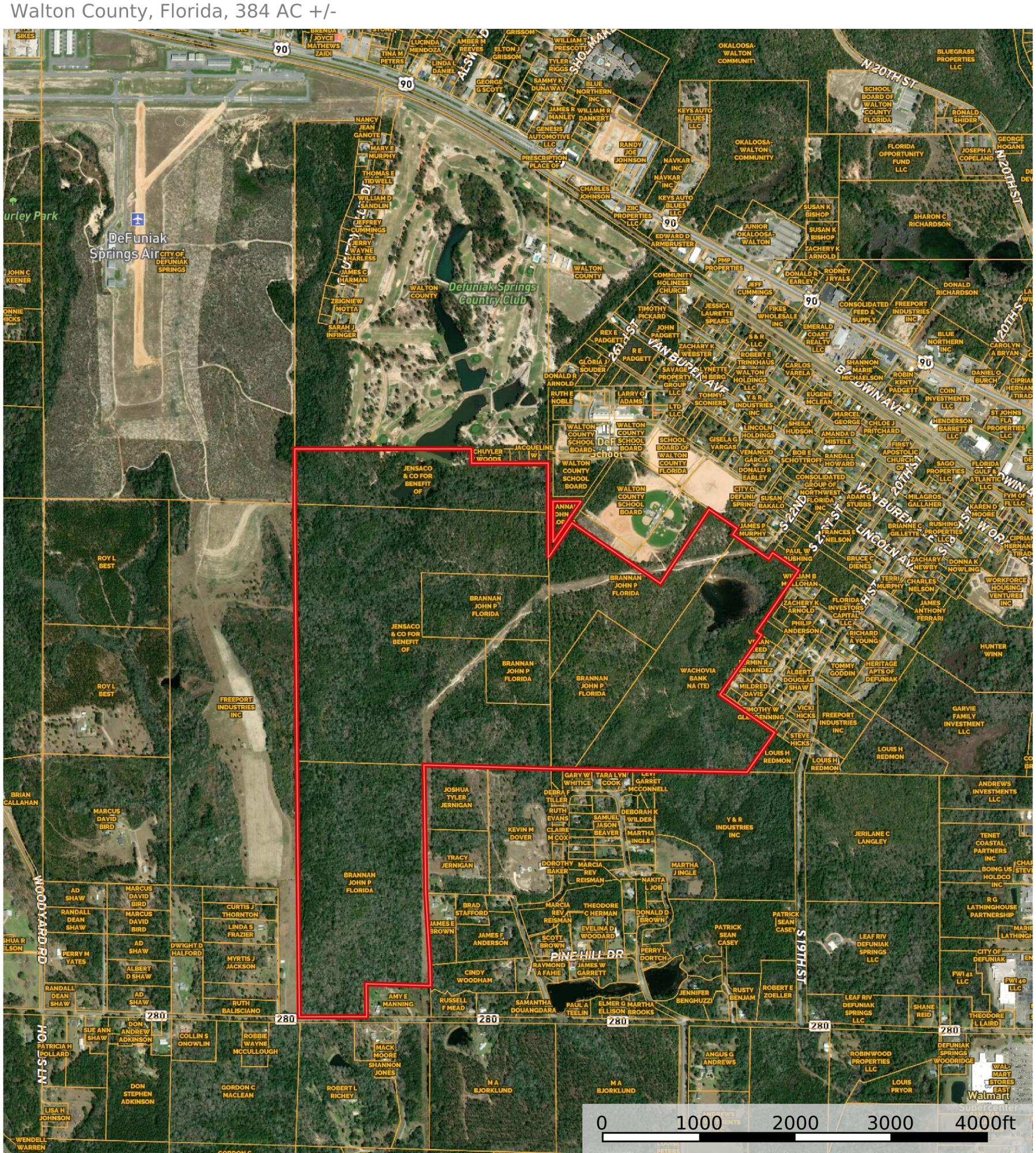 Great development tract in the heart of Defuniak Springs, Florida.  384 acres currently zoned county but city is eager to annex the subject property and re-zone to R2 which allows for 16 units per acre.  Subject parcels stretch from Bob Sikes Rd all the way to Eagle Springs golf course, bordering the airport property and city little league fields.