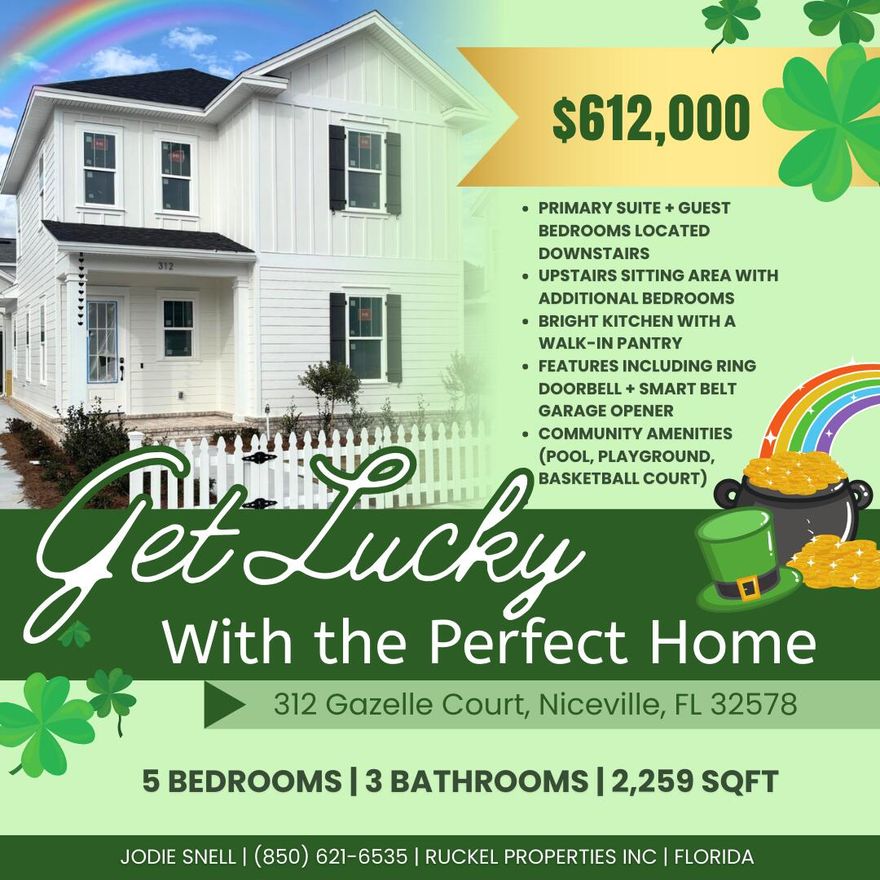 This stunning two-story home, The Magnolia Plan, offers 5 bedrooms, 3 bathrooms, and 2259  sq. ft. of well-designed living space. The primary suite and one guest bedroom are located downstairs with two bedrooms, a guest bath, and a sitting area upstairs. The kitchen shines with white shaker-style cabinets and quartz countertops. Seller to pay 1% towards total closing costs plus $10,000 rate buy down or closing costs assistance (with another $2000 if using the preferred lender).