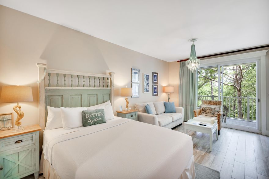 Located on the 3rd floor of Lasata, this updated coastal studio offers a relaxing escape in the heart of the resort. Stylish porcelain plank tile flooring runs throughout, and a 2020 HVAC ensures year-round comfort. The open layout sleeps four comfortably with a queen bed and sleeper sofa. A fully equipped kitchenette includes a Hisense fridge/freezer combo and everything you need for a convenient stay. Step onto the large, covered balcony to enjoy tranquil views of the beautifully landscaped gardens. Whether you're looking for a weekend getaway or a rental-ready investment, this Lasata gem delivers. Lasata is located adjacent to the fabulous shopping, playground, family friendly activities, formal and informal dining and night life hot spots in the pedestrian Village of Baytowne Wharf. In addition, Hotel Effie is just a few steps away with a rooftop pool and bar and fine dining at Ovide. Owners also have access to the private Solstice Club, an amenity for owners and their guests, featuring grills, screened porch with gas fireplace, indoor bar, flat screen TV and comfortable seating inside and out.
As an introduction to the Sandestin lifestyle, we invite our new owners to explore amenities that make Sandestin special. The listing brokerage and seller(s) are presenting the buyer(s) of this property with (2) 90-minute rounds of Tennis court time, a golf foursome at one of our three championship courses, and a round of golf for up to four (4) players at the unrivaled Burnt Pine Golf Club.
Sandestin Golf and Beach Resort features more than seven miles of beaches and pristine bay front, four championship golf courses, 15 world-class tennis courts, a 226-slip marina, a fitness center, spa and celebrity chef dining. Shop, dine and play at the charming pedestrian village, The Village of Baytowne Wharf and more. Inside the gates of the resort, residents enjoy a balanced lifestyle of high-class living, spanning the 2,400 acres from the beach to the bay. Everything within the gates of the resort is accessible by golf cart or bicycle. The entire resort is interconnected by miles of pedestrian, bike and golf cart paths that weave through groves of live oaks, meandering past natural lagoons, fountains, man-made lakes, and meticulously landscaped fairways.