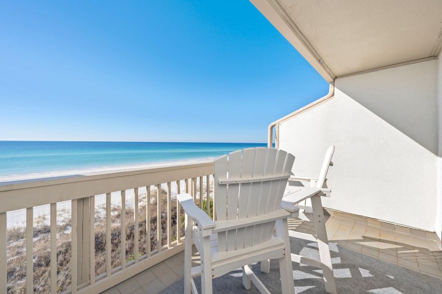 This FULLY furnished, GULF FRONT 2 bedroom, 2.5 bathroom + bunks unit has just had a total update and is sure to impress! Located at Ramsgate Harbour, one of the best kept secrets along the Emerald Coast! This property is being sold fully furnished & decorated. With 550 feet of private beachfront access, there's ample room for you and your family to relax and enjoy! The design embraces light, airy colors & a modern beachy aesthetic. Every room is tastefully decorated to complement the tranquil, seaside atmosphere, offering both comfort & style. Enjoy unobstructed views of the Gulf as soon as you enter! The open-concept living area features an abundance of natural light from the oversized windows & sliding glass doors which flows through into the dining & kitchen areas. The fully updated kitchen is equipped with modern appliances, quartz countertops, backsplash, shaker style cabinets and beach-inspired accents, making it an ideal space for both cooking and entertaining. Enjoy memorable sunsets on your covered balcony just off the living area. There is a half bathroom and owners closet located in between the kitchen and living area. The master bedroom is gulf front facing and its own private balcony. There is an en-suite master bathroom featuring a double vanity and stunning tiled shower. The guest bedroom is tastefully decorated and features a set of bunks as an additional sleeping area. An additional full bathroom is just off the hallway and features a tub/shower combination and single vanity. 
Ramsgate Harbour features a gulf-front heated pool (seasonally), grilling areas, an outdoor restroom facility and covered parking directly beneath the building.
This quiet beachfront location is a perfect balance of comfort and style for both families and guests seeking a memorable beach getaway. Ramsgate Harbour is just minutes away grocery stores, restaurants, retail shopping at 30Avenue and Pier Park. You are also just 1.5 miles from Camp Helen State Park which offers swimming, beachcombing, hiking, and both freshwater and saltwater fishing. Also just 3 miles to the west is the famous 24 mile corridor, Scenic Hwy 30a. A beautiful drive down the coastline taking you through the little beach towns of Rosemary Beach, Seagrove, Seaside, Watercolor, Grayton Beach, Blue Mountain Beach & Dune Allen. 
